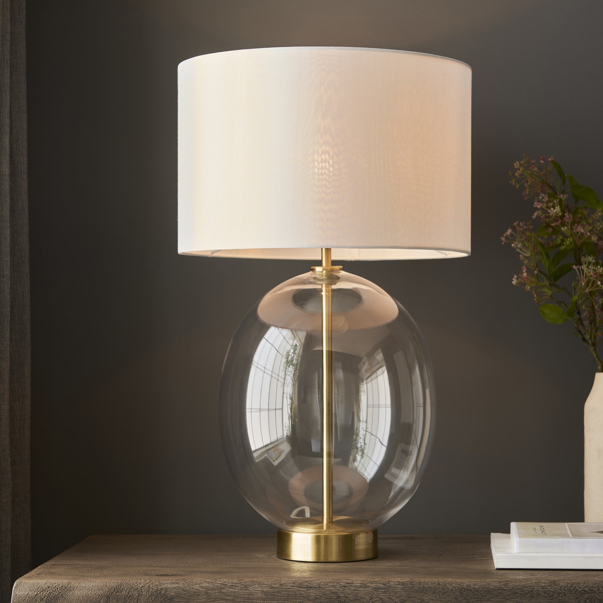 Endon Kelda Oval Touch Table Lamp - Satin Brass & Vintage White Shade