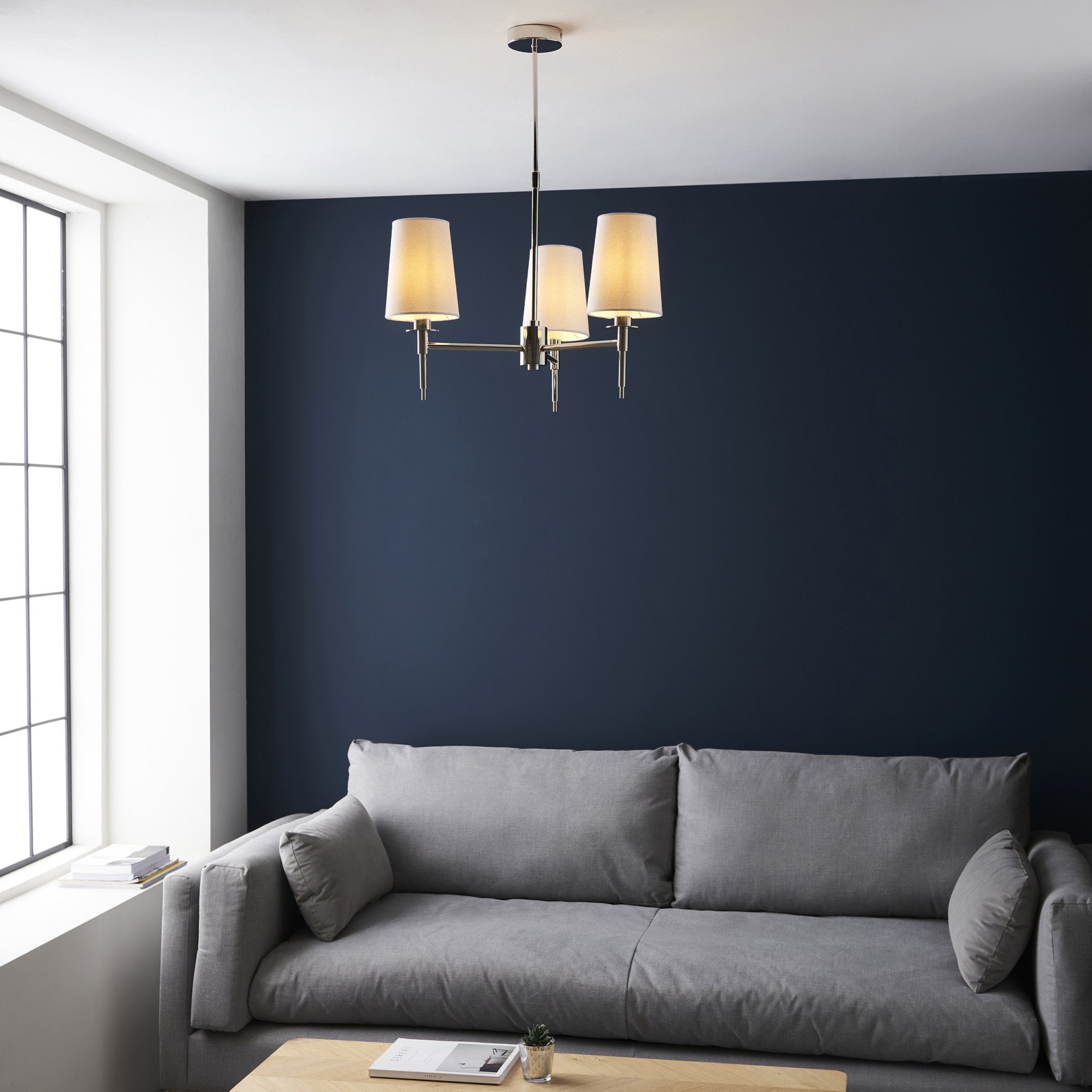 Utopia Eton 3 Light Multi Arm Pendant - Bright Nickel & Tapered Shades