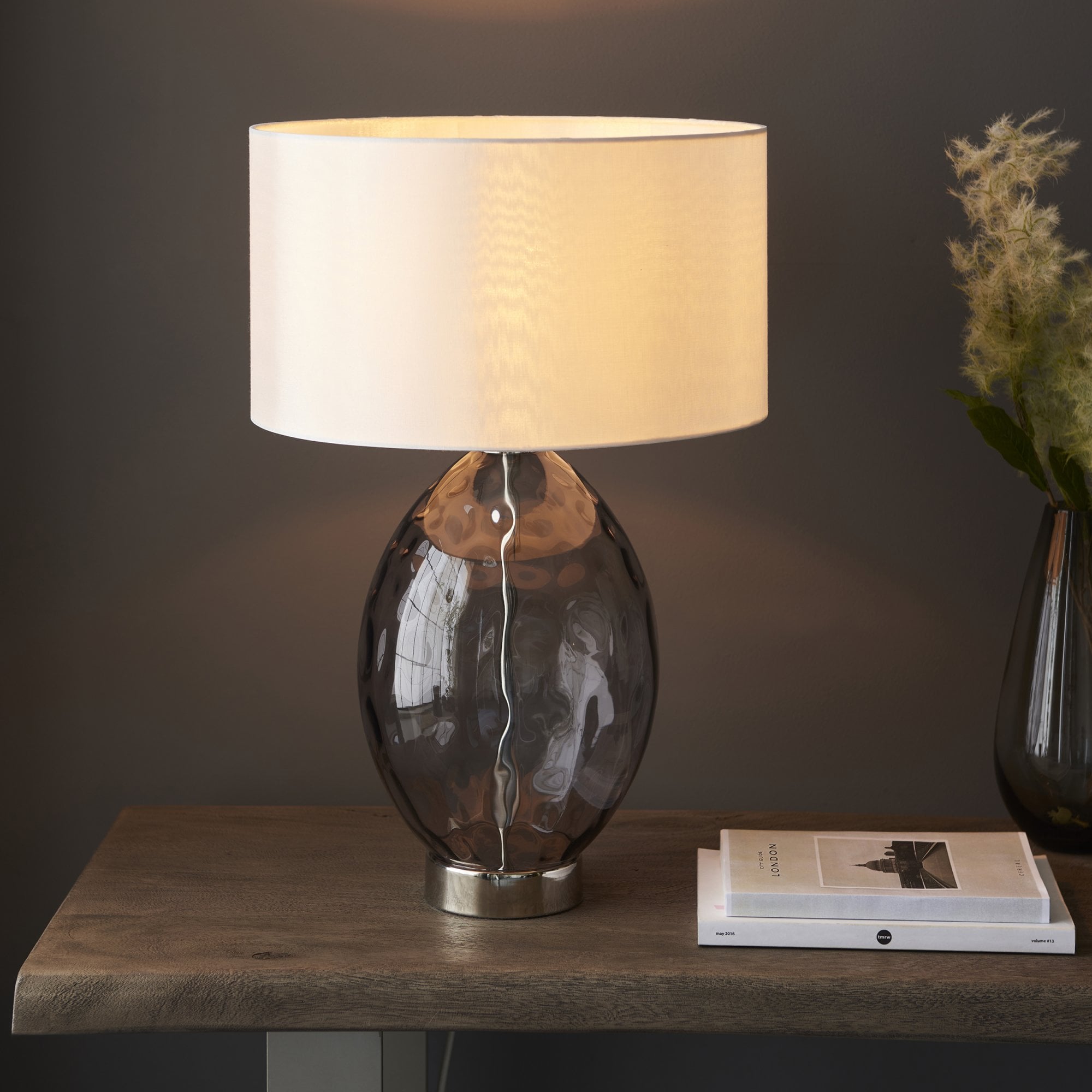 Endon Elin Touch Table Lamp - Nickel & Grey Tinted Glass