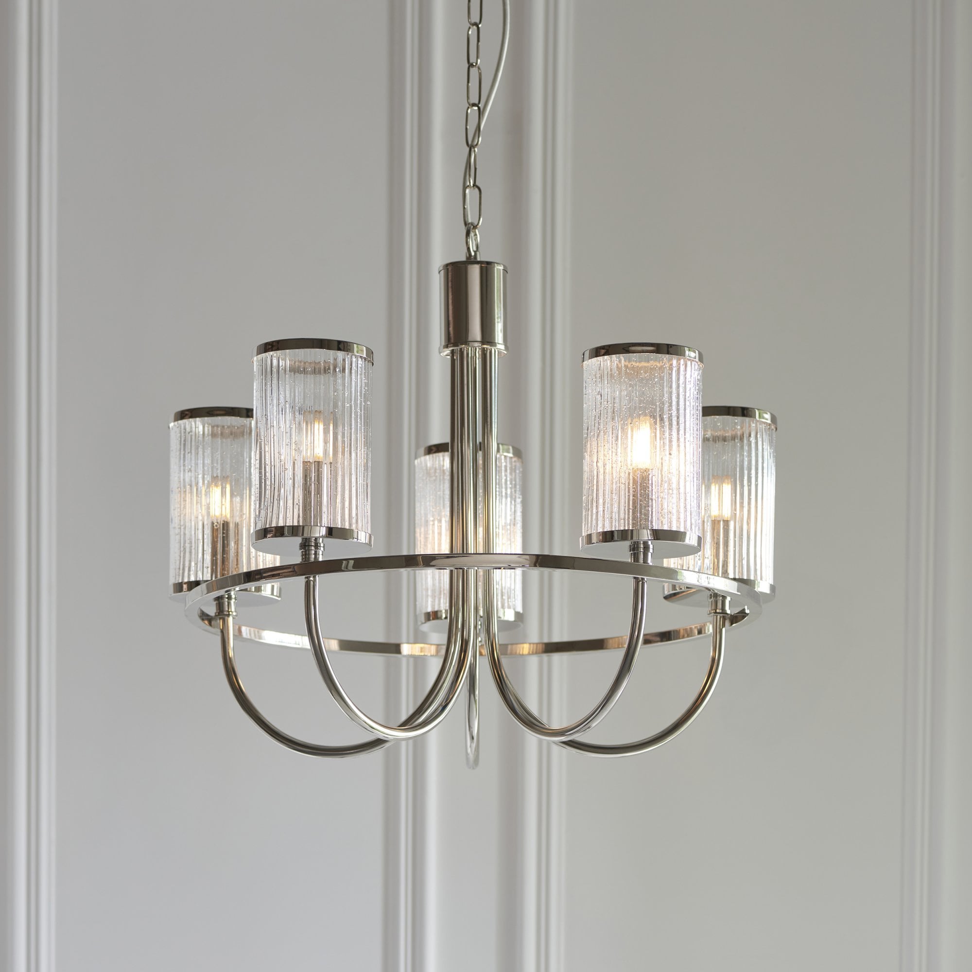 Endon Henbury 5 Light Ceiling Pendant - Bright Nickel & Ribbed Bubble Glass Shades