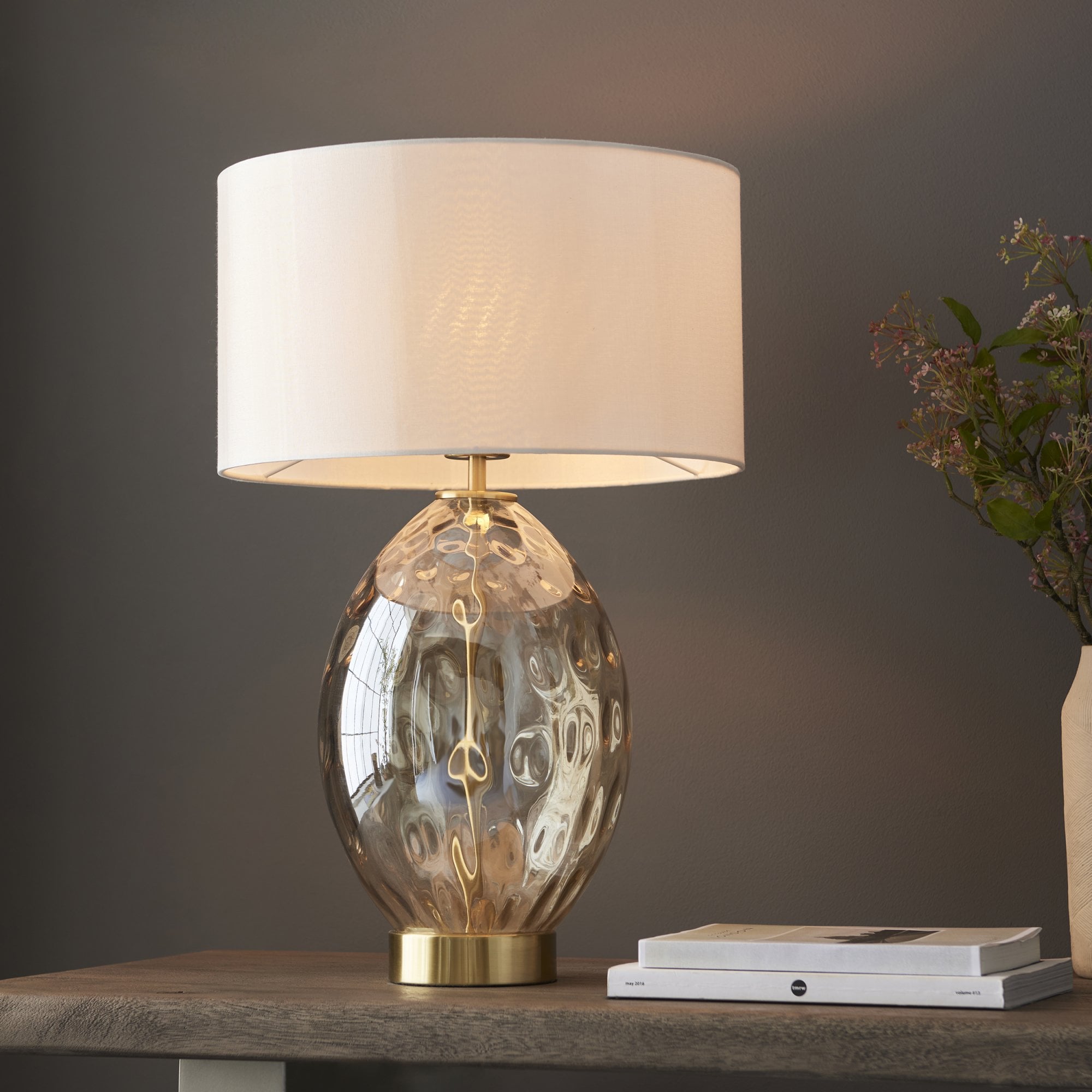 Endon Elin Dimple Touch Table Lamp - Satin Brass & Champagne Lustre Glass