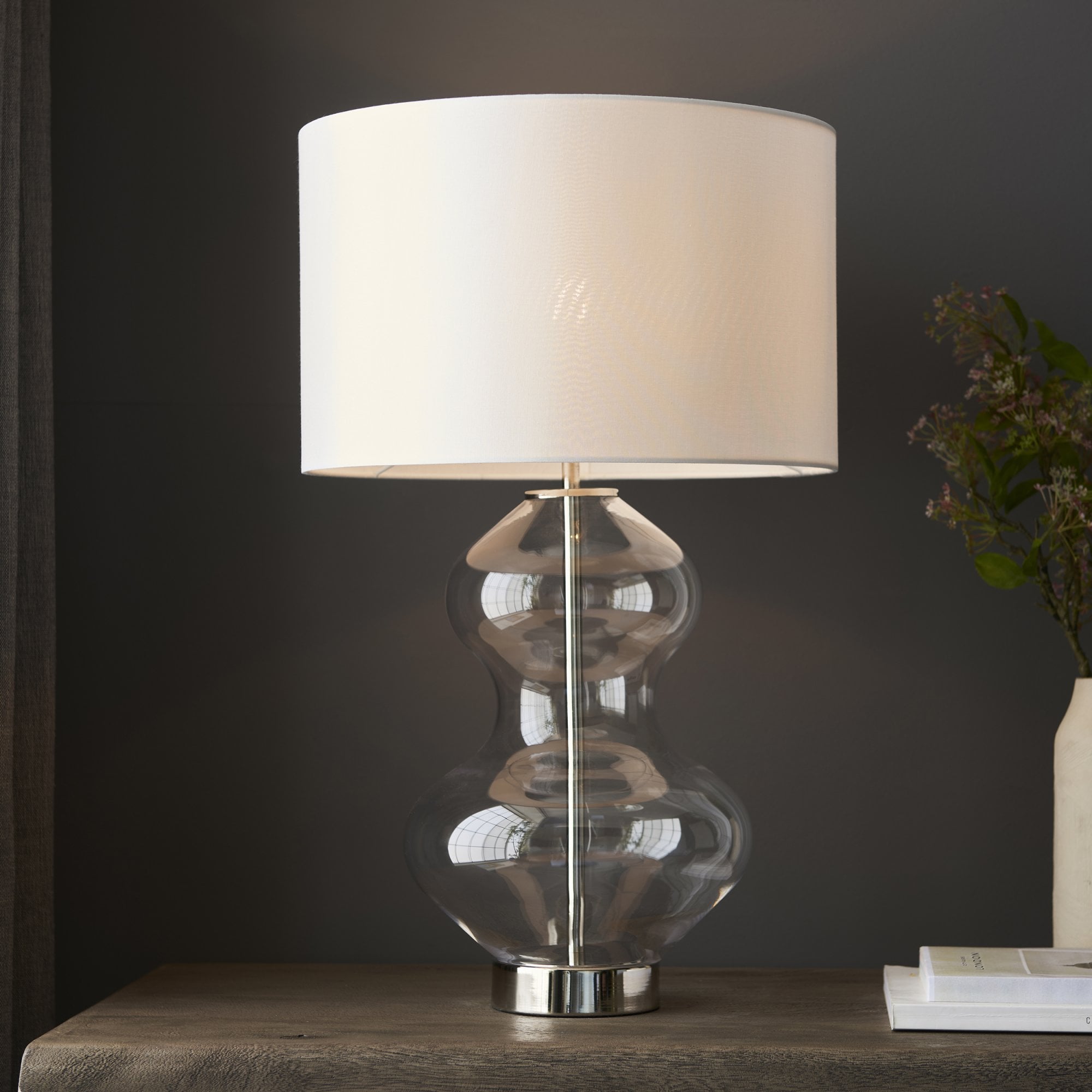 Endon Kelda Shaped Touch Table Lamp - Bright Nickel & Vintage White Shade
