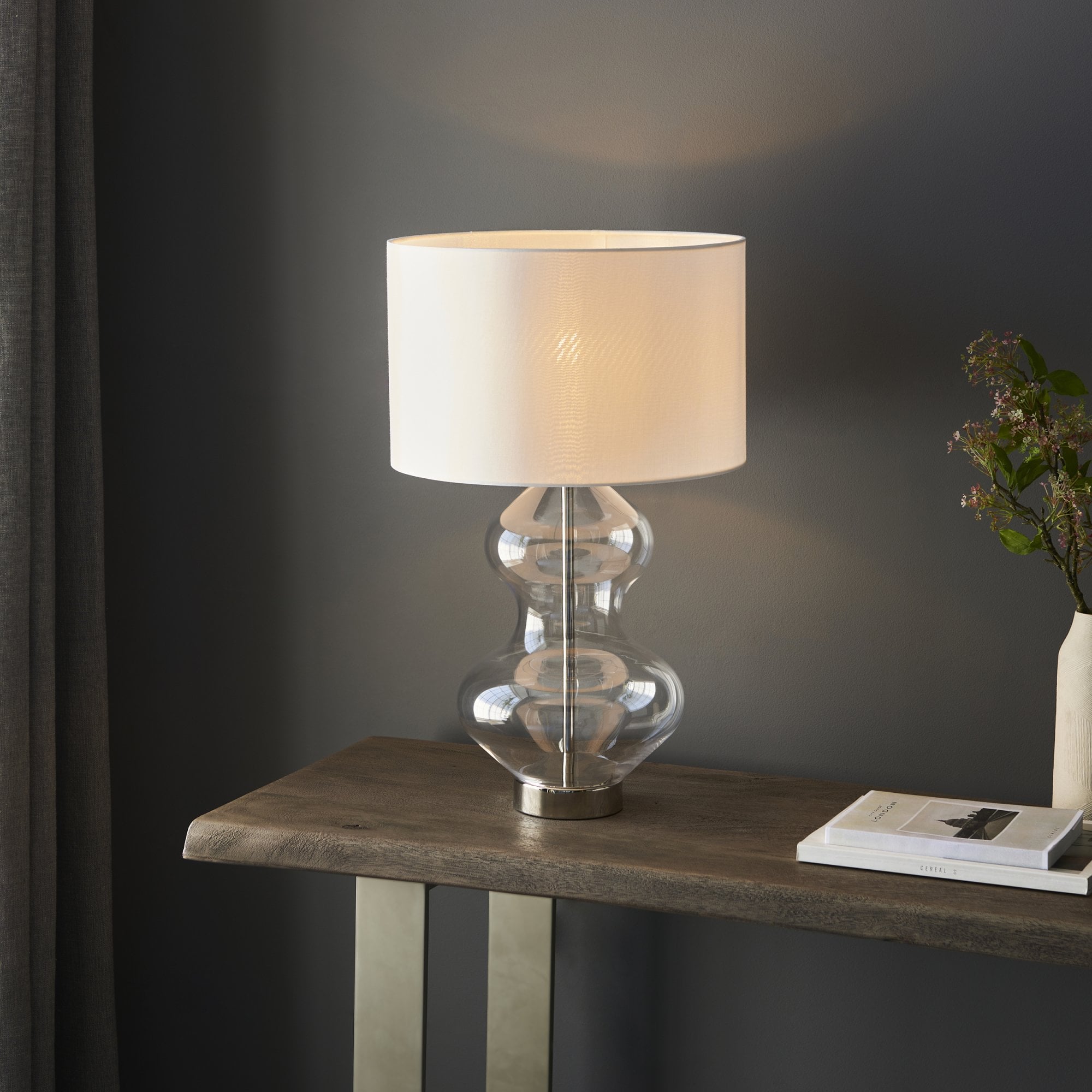 Endon Kelda Shaped Touch Table Lamp - Bright Nickel & Vintage White Shade