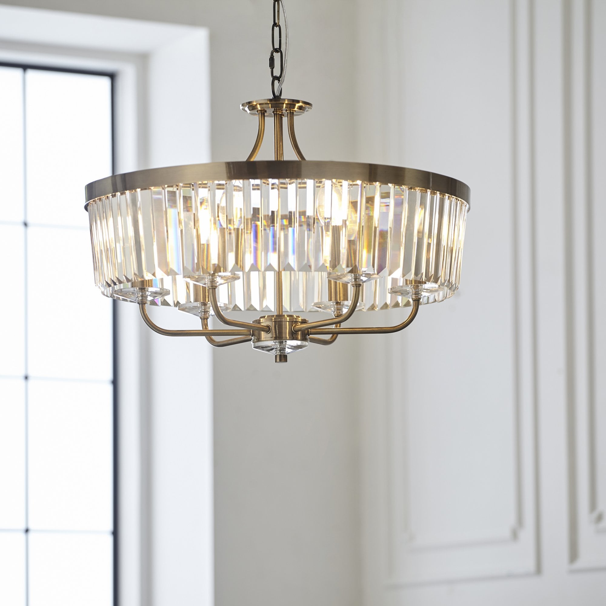Utopia Martini 6 Light Pendant Chandelier - Antique Brass & Clear Cut Glass
