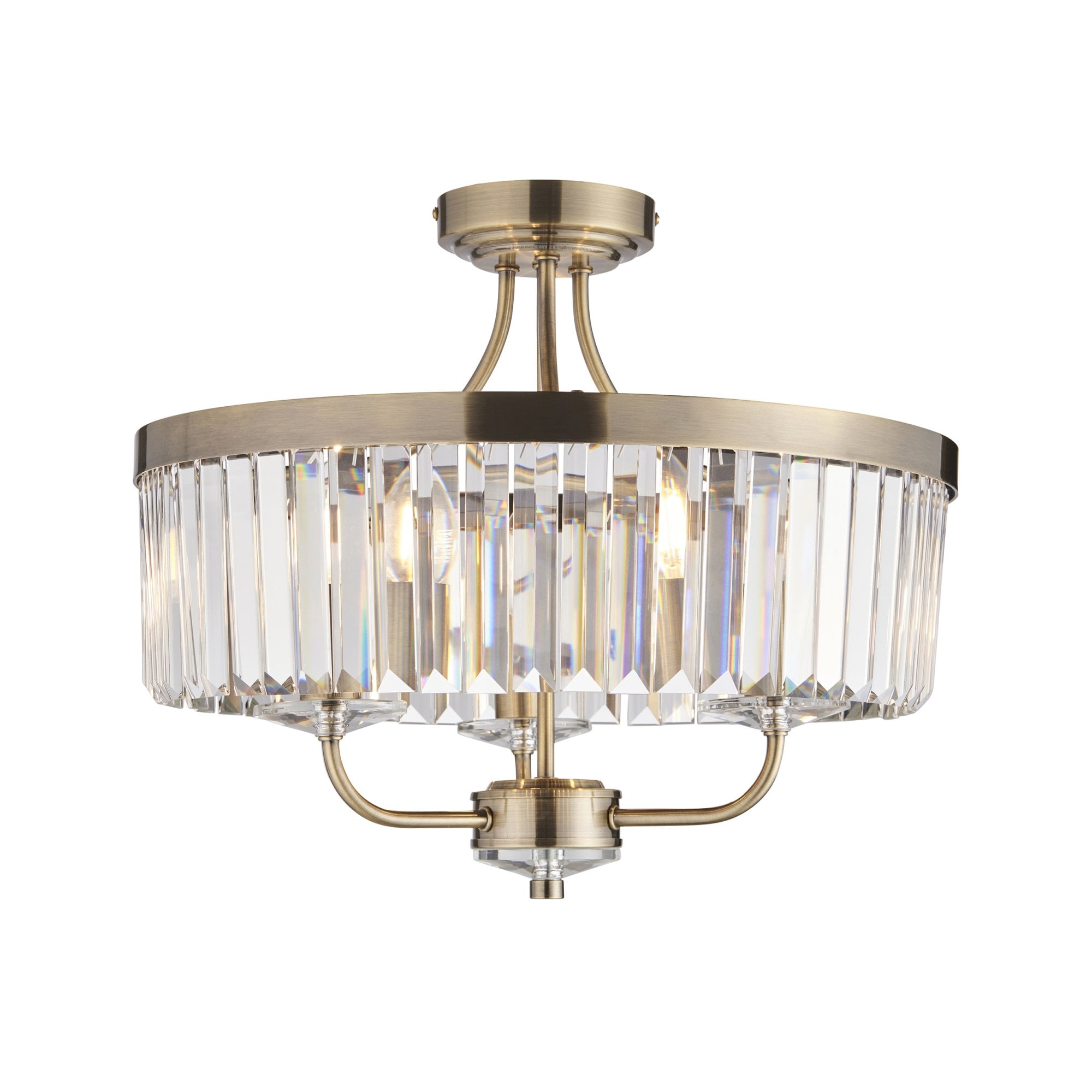 Utopia Martini 3 Light Semi Flush Fitting - Antique Brass & Clear Cut Glass