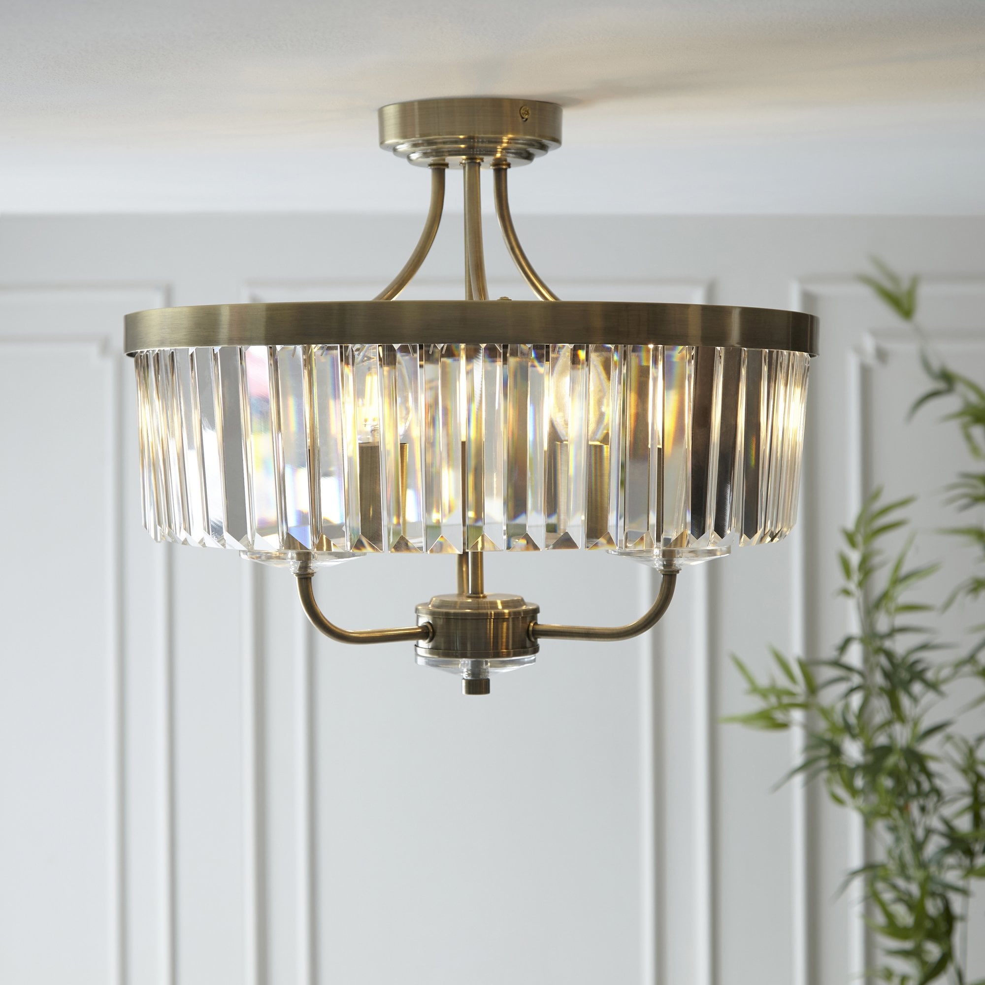 Utopia Martini 3 Light Semi Flush Fitting - Antique Brass & Clear Cut Glass
