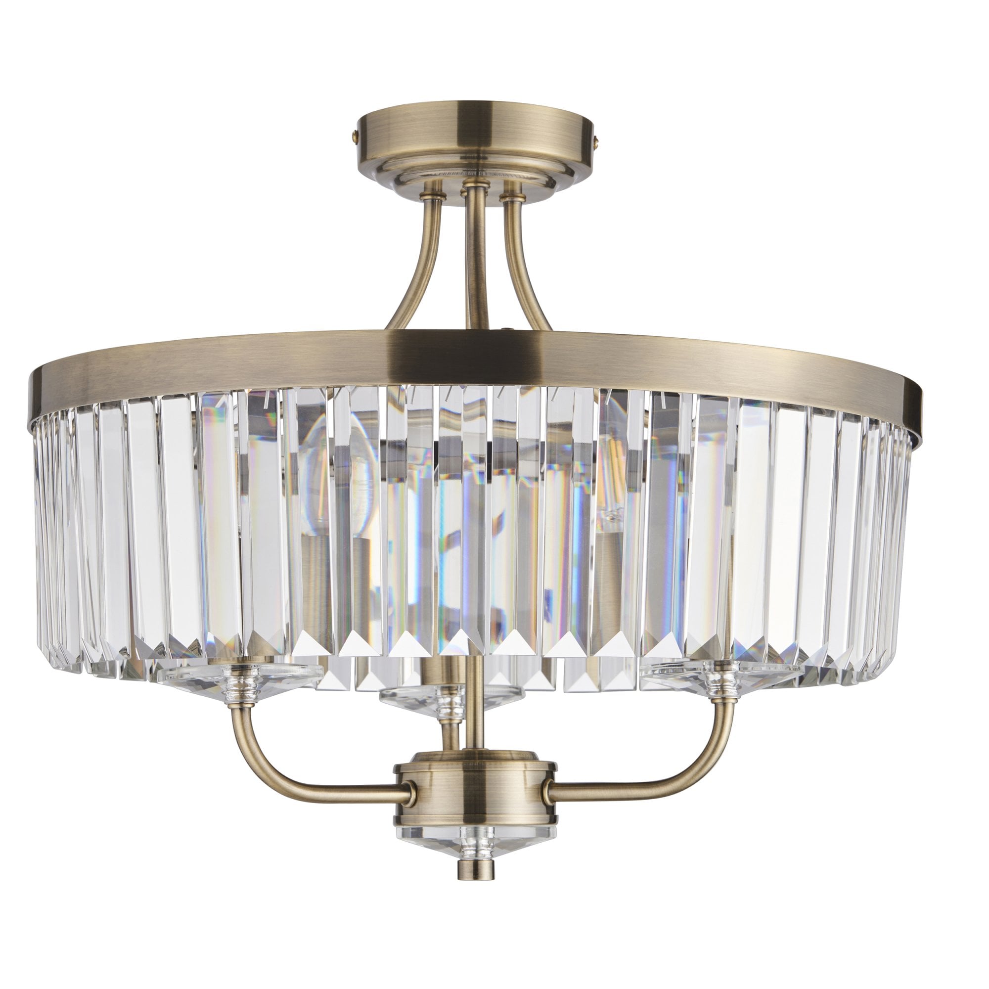 Utopia Martini 3 Light Semi Flush Fitting - Antique Brass & Clear Cut Glass