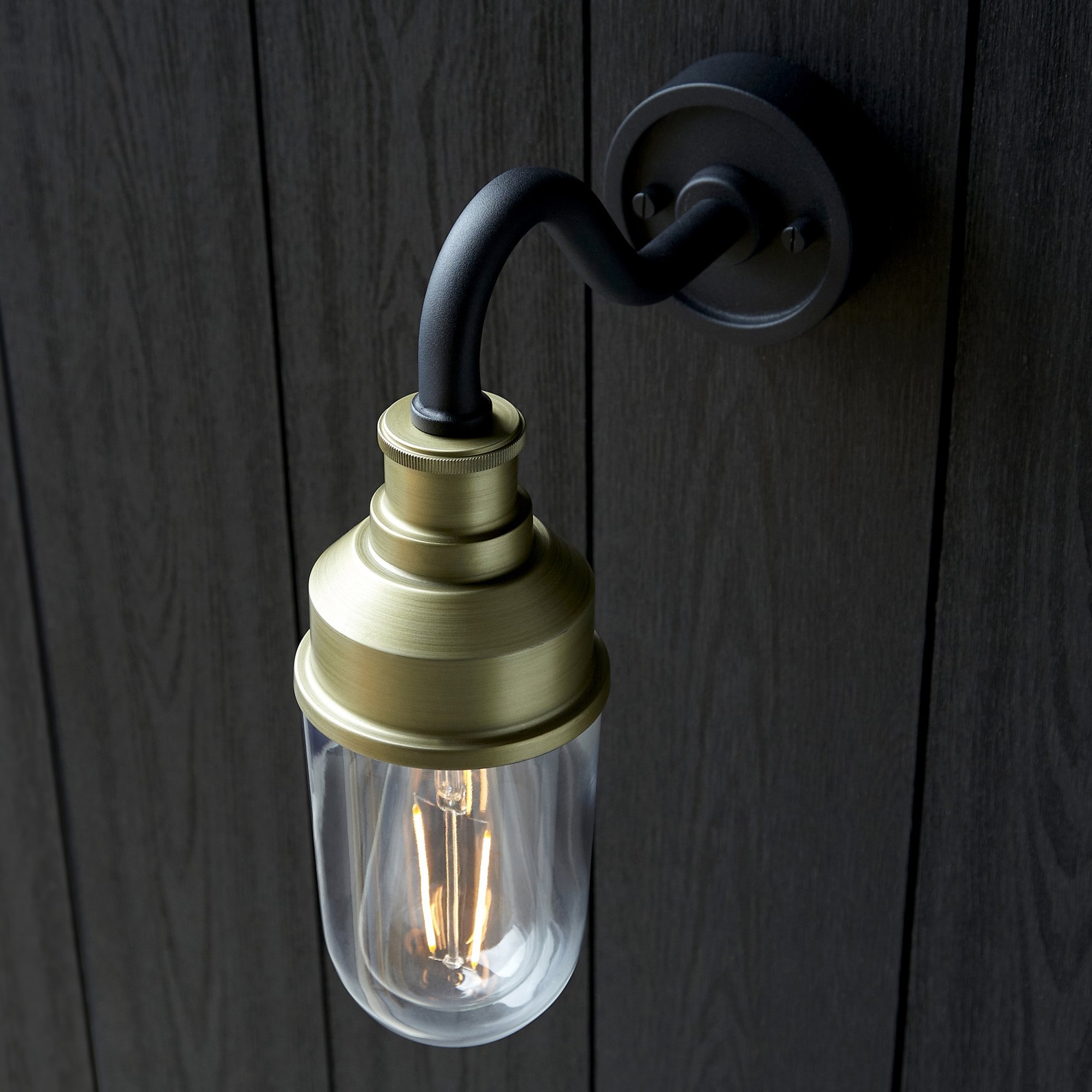 Utopia Frontier Curved Arm Wall Light - Matt Antique Brass & Clear Glass