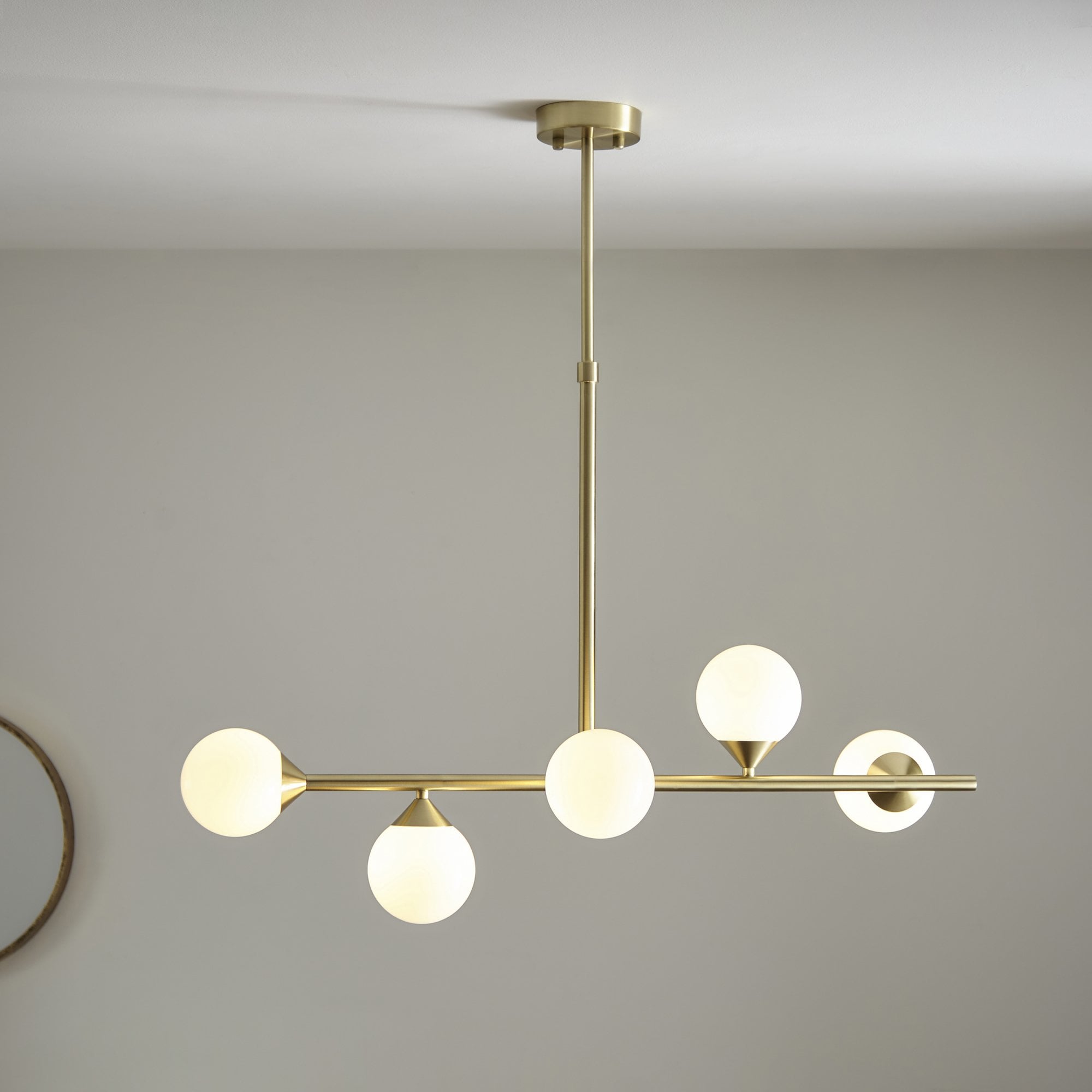 Utopia Lustre Linear Ceiling Pendant - Satin Brushed Gold & Gloss White Glass