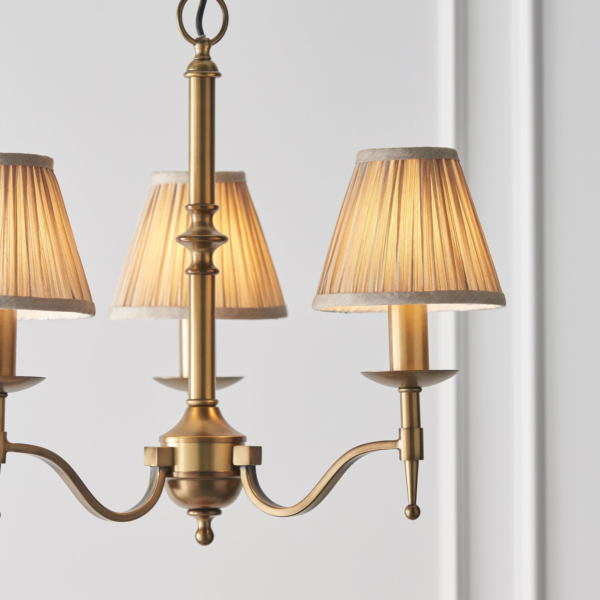 Interiors 1900 Stanford 3 Light Arm Pendant - Antique Brass & Beige Organza Shades