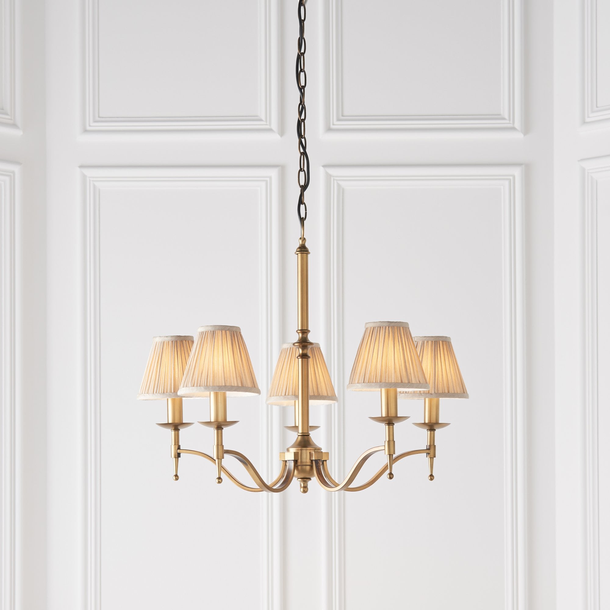 Interiors 1900 Stanford 5 Light Pendant - Antique Brass & Beige Organza Shades