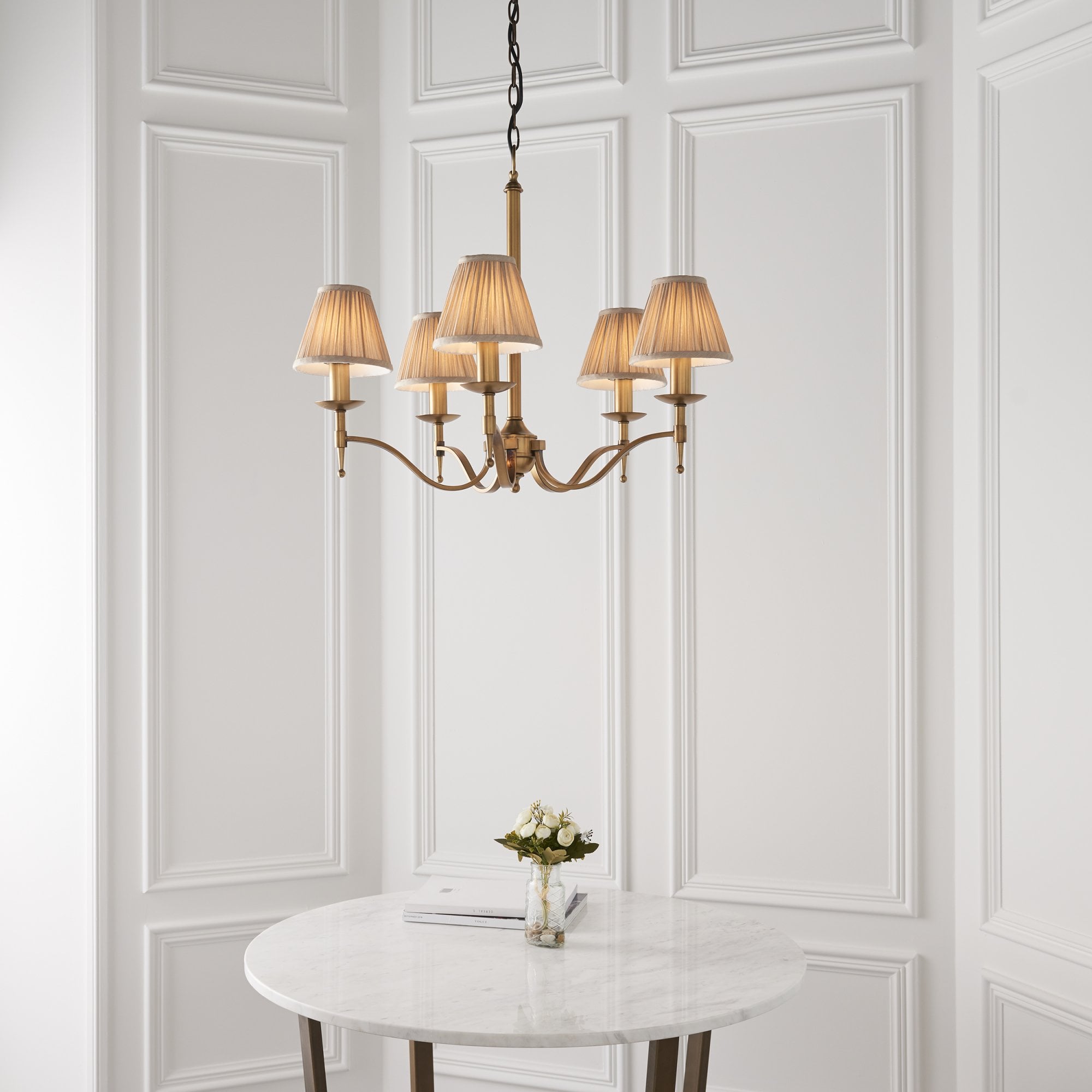 Interiors 1900 Stanford 5 Light Pendant - Antique Brass & Beige Organza Shades