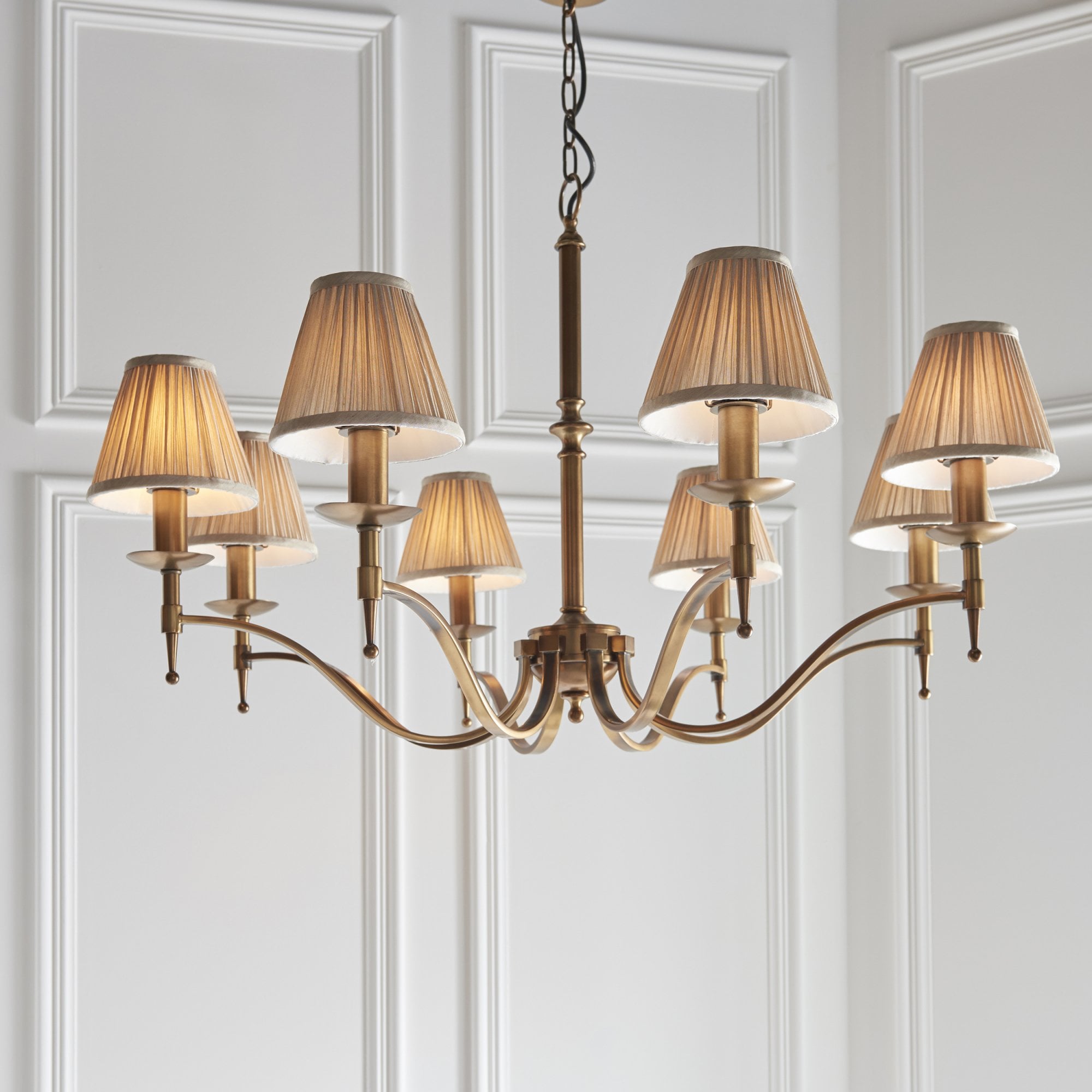 Interiors 1900 Stanford 8 Light Pendant - Antique Brass & Beige Organza Shades