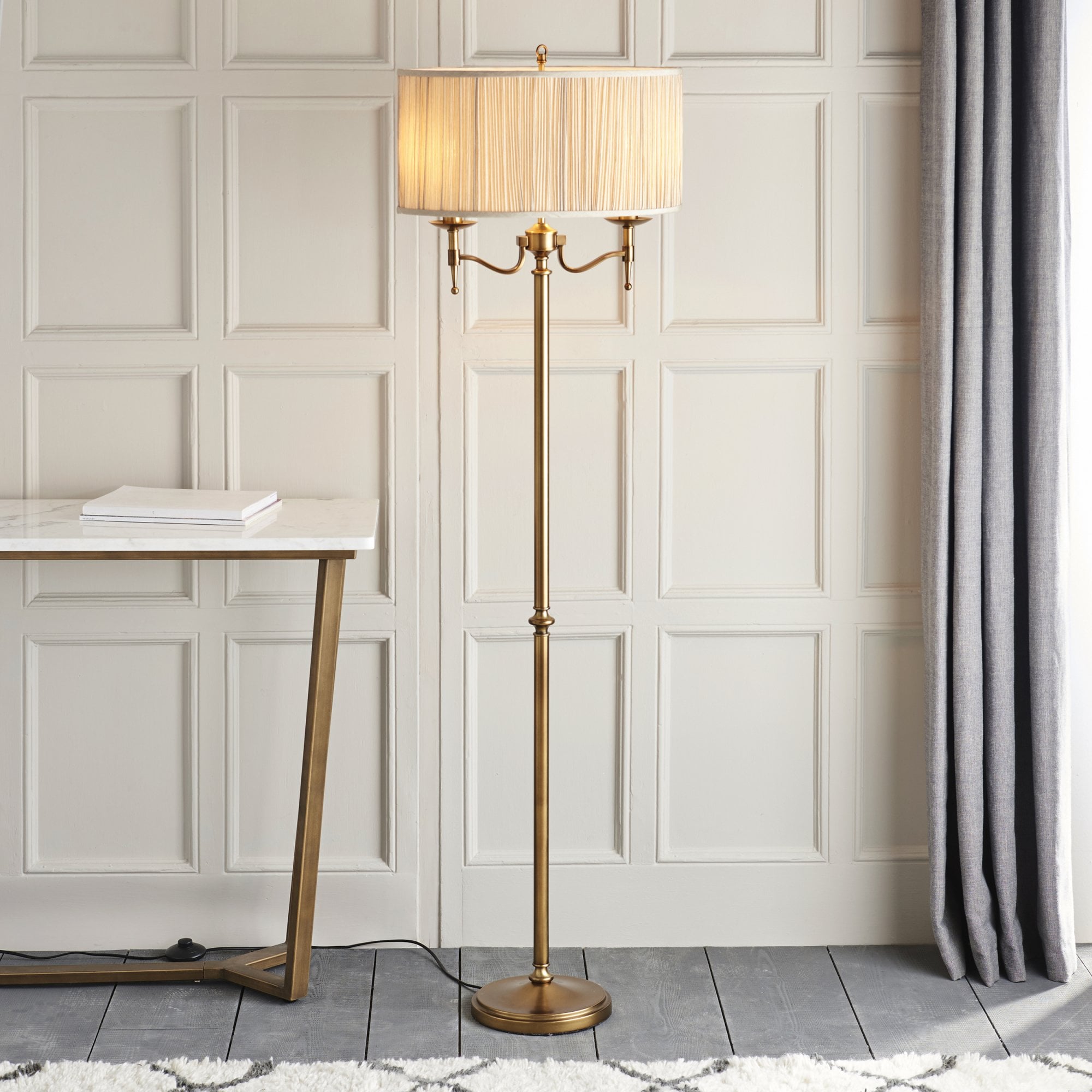 Interiors 1900 Stanford Floor Lamp - Antique Brass & Beige Shade