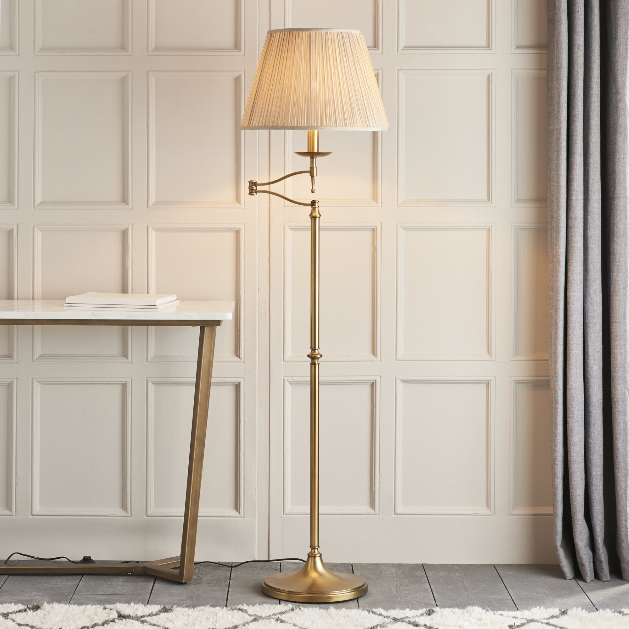 Interiors 1900 Stanford Swing Arm Floor Lamp - Antique Brass & Beige Shade