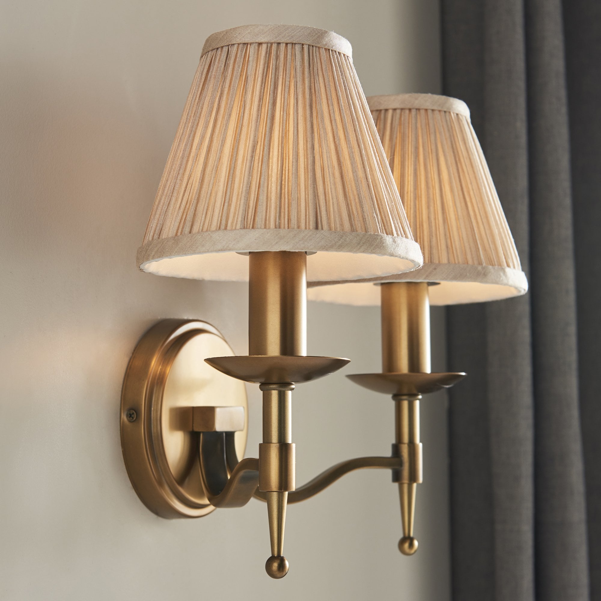Interiors 1900 Stanford 2 Light Wall Light - Antique Brass & Beige Organza Shades