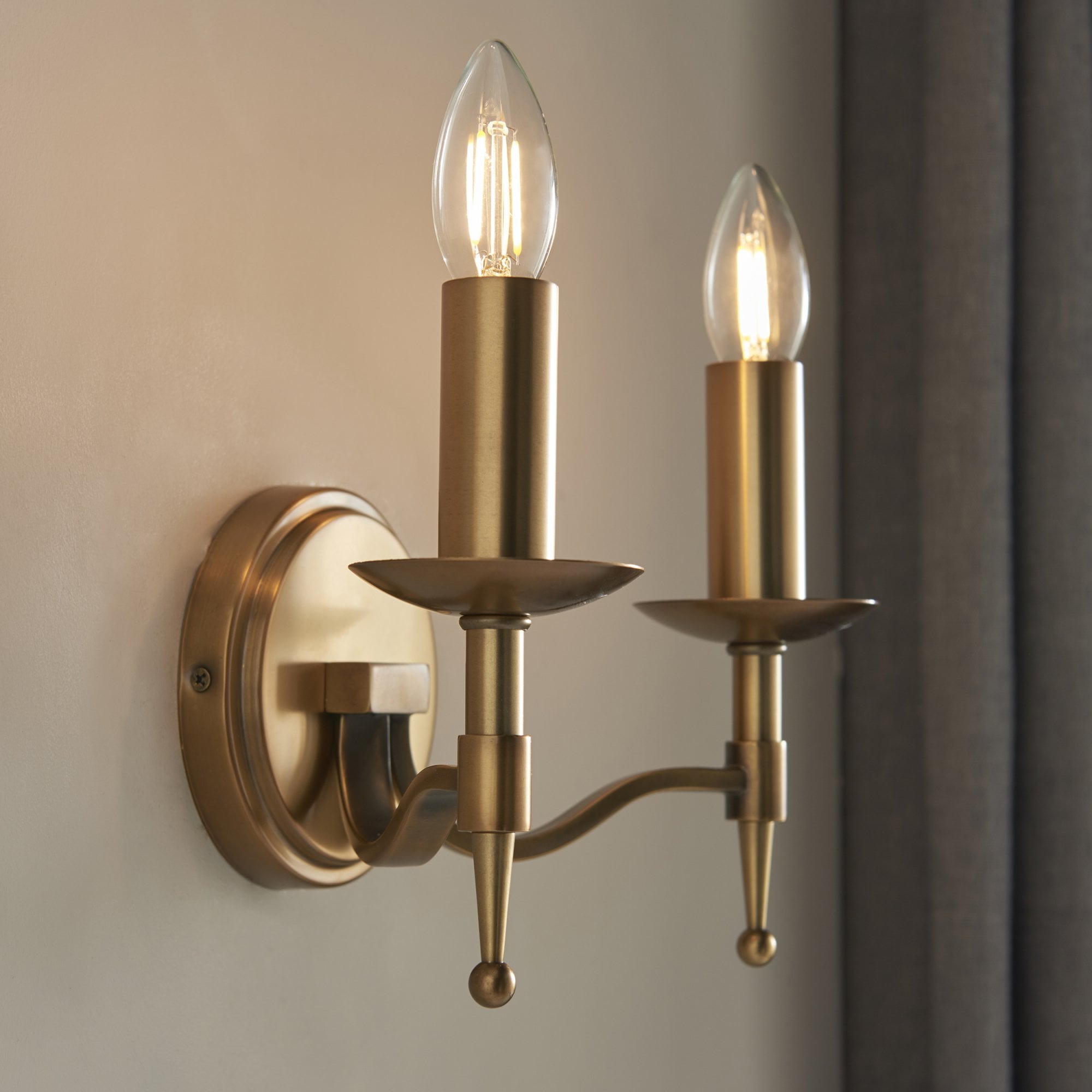 Interiors 1900 Stanford 2 Light Wall Light - Antique Brass & Beige Organza Shades