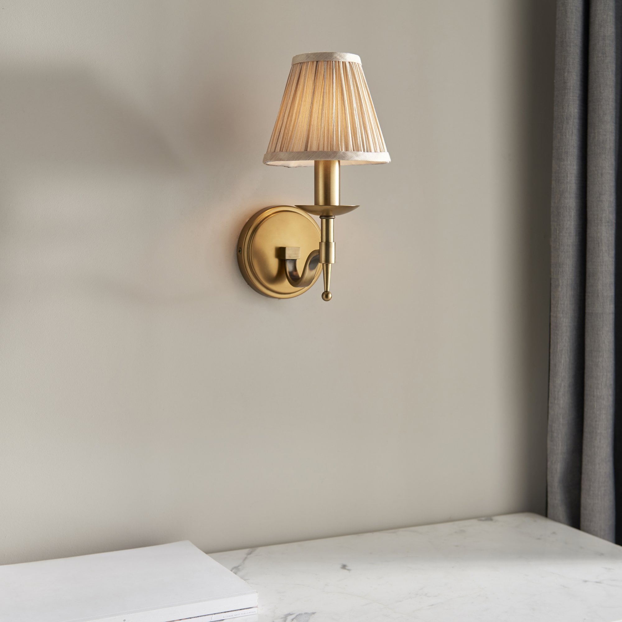 Interiors 1900 Stanford Single Wall Light - Antique Brass & Beige Organza Shade