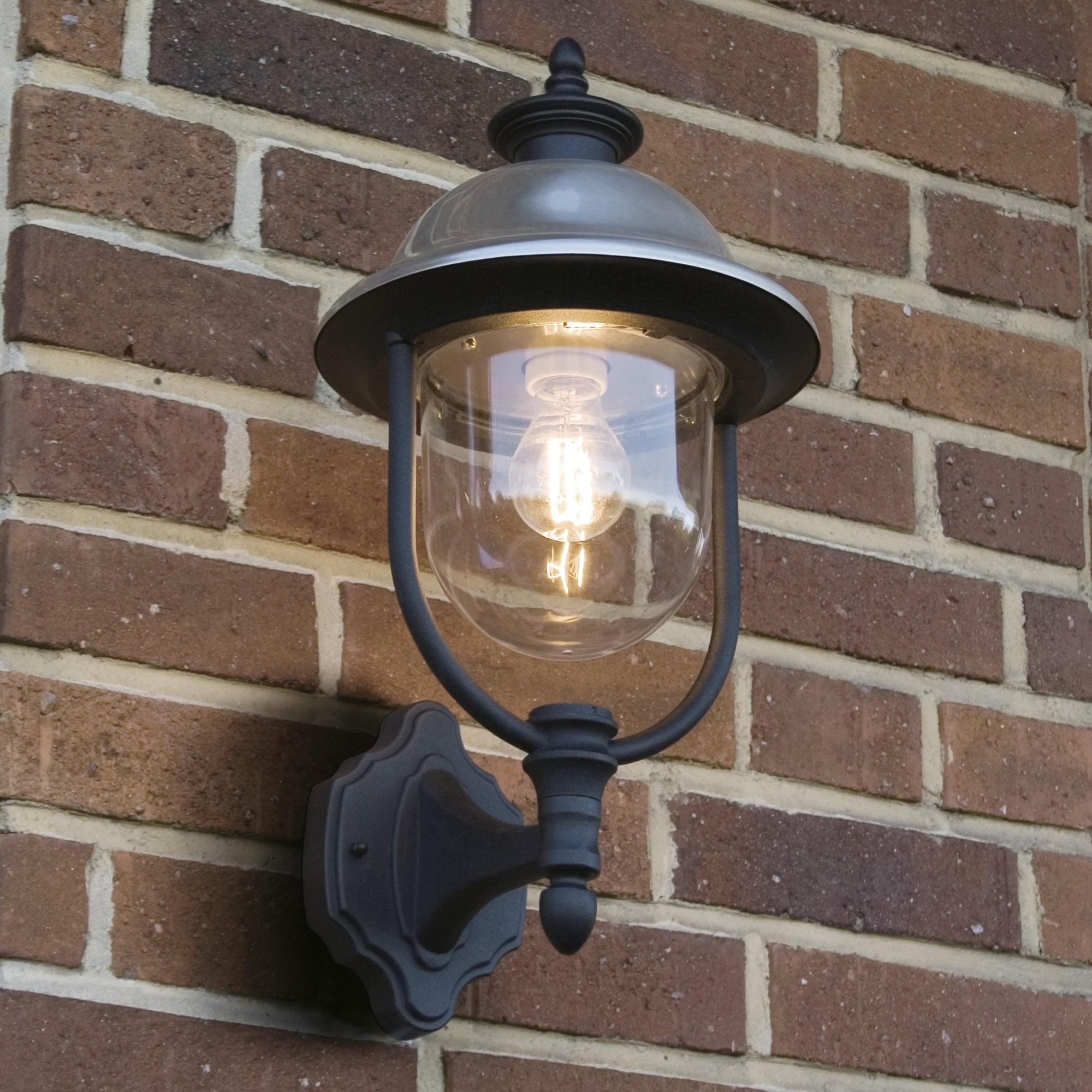 Konstsmide Parma Up Wall Lantern - Matt Black with Stainless Steel Hat