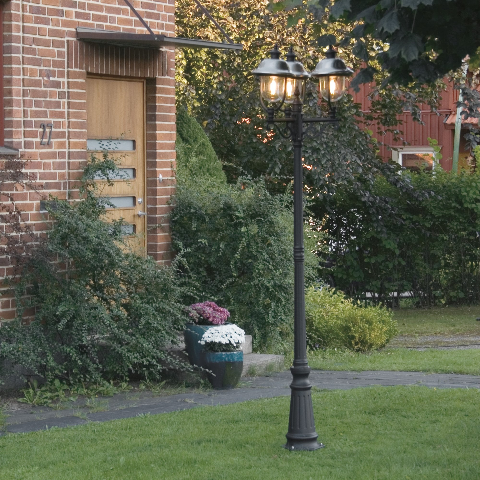 Konstsmide Parma Triple Head Lampost - Matt Black with Stainless Steel Hat