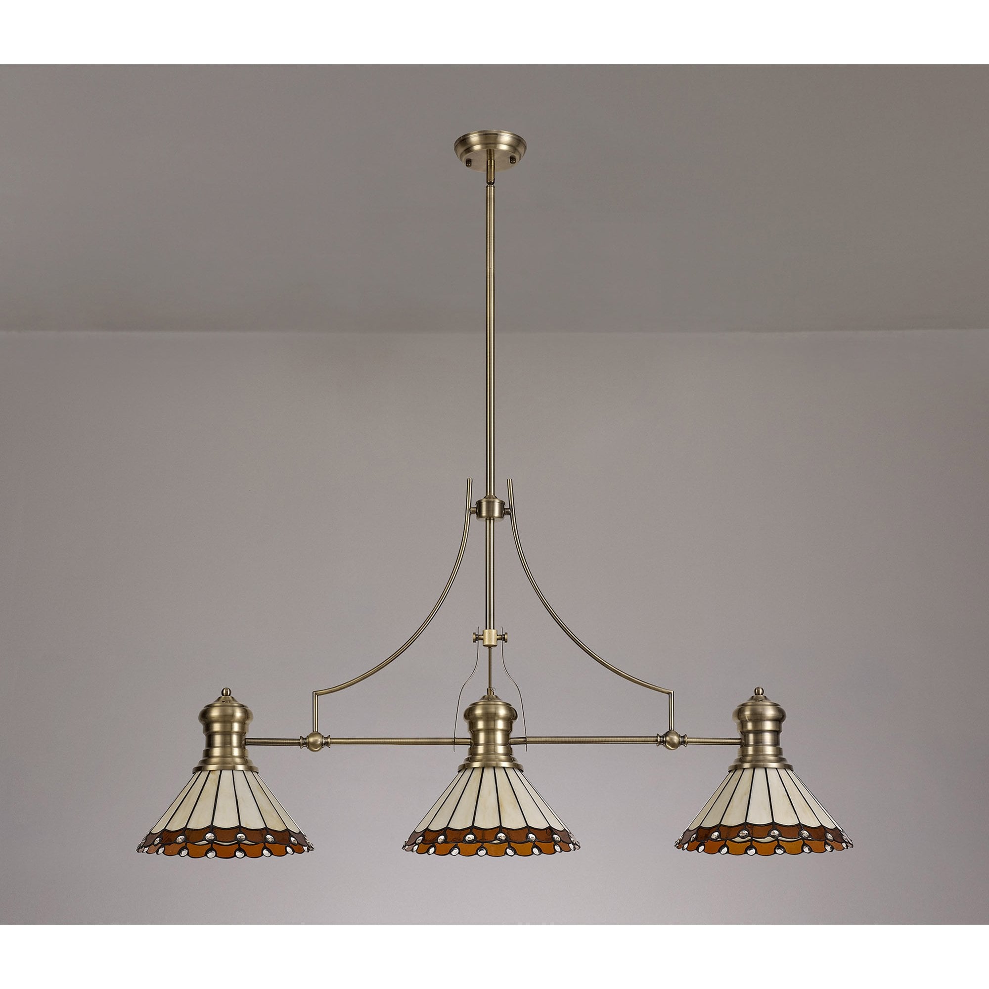 Fabula Amberley 3 Light Linear Pendant - 30cm Tiffany Shade - Antique Brass, Amber & Cream