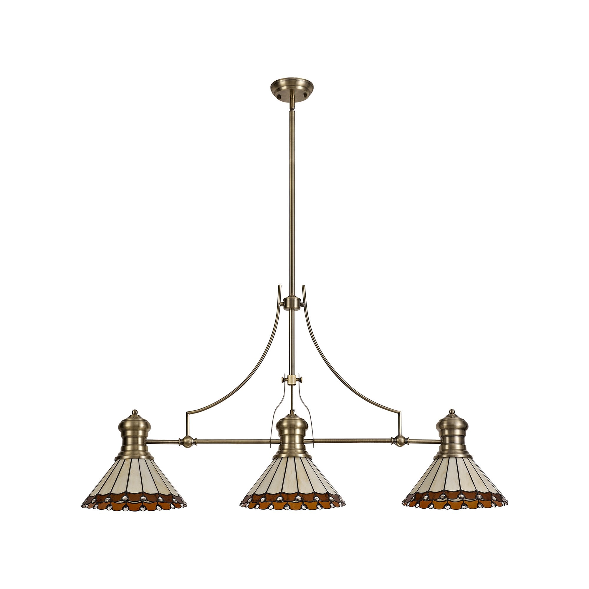Fabula Amberley 3 Light Linear Pendant - 30cm Tiffany Shade - Antique Brass, Amber & Cream