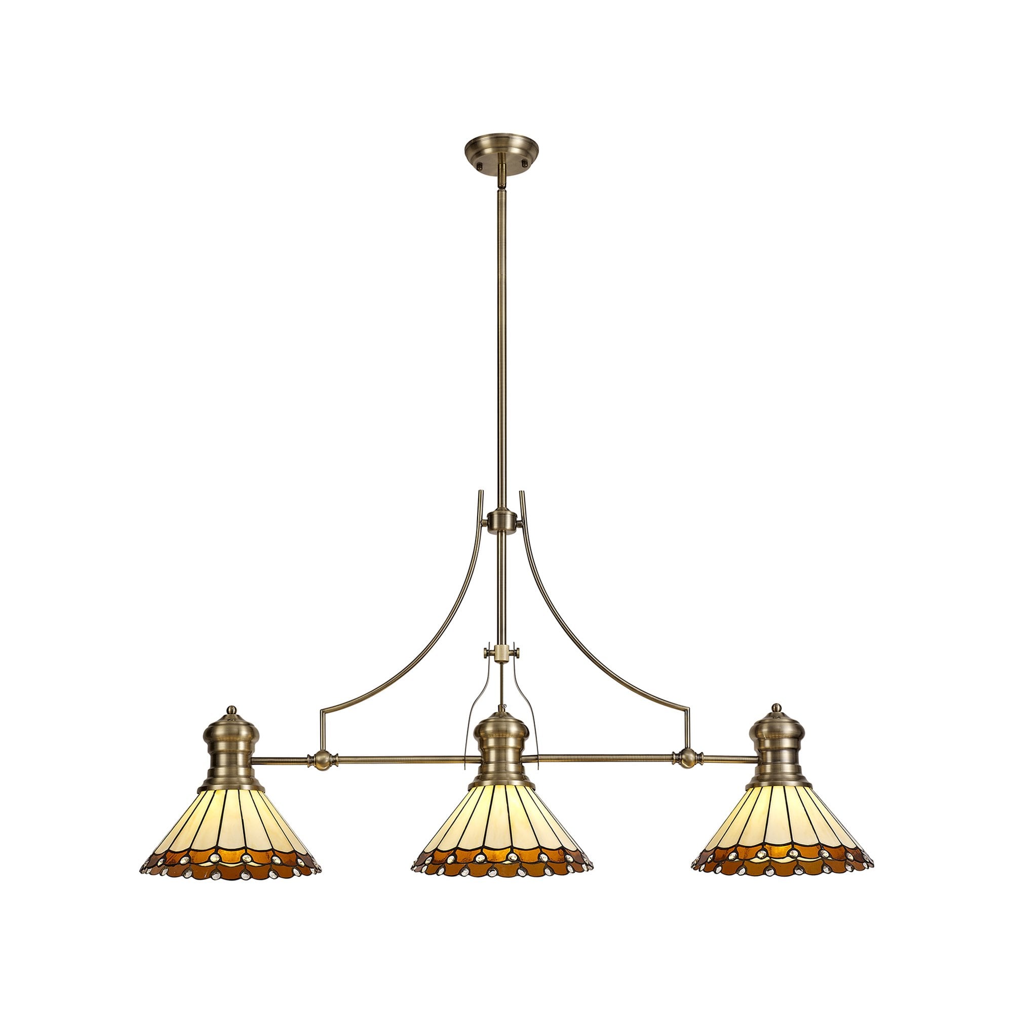 Fabula Amberley 3 Light Linear Pendant - 30cm Tiffany Shade - Antique Brass, Amber & Cream