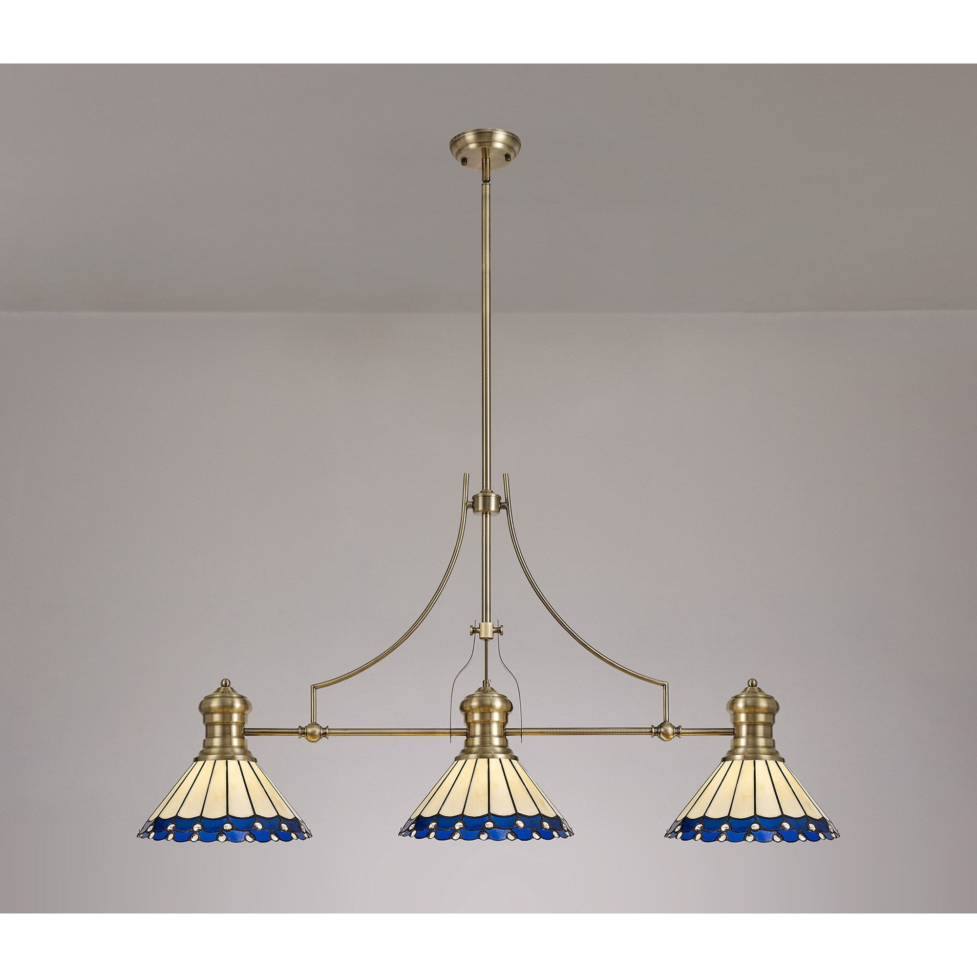 Fabula Amberley 3 Light Linear Pendant - 30cm Tiffany Shade - Antique Brass, Blue & Cream