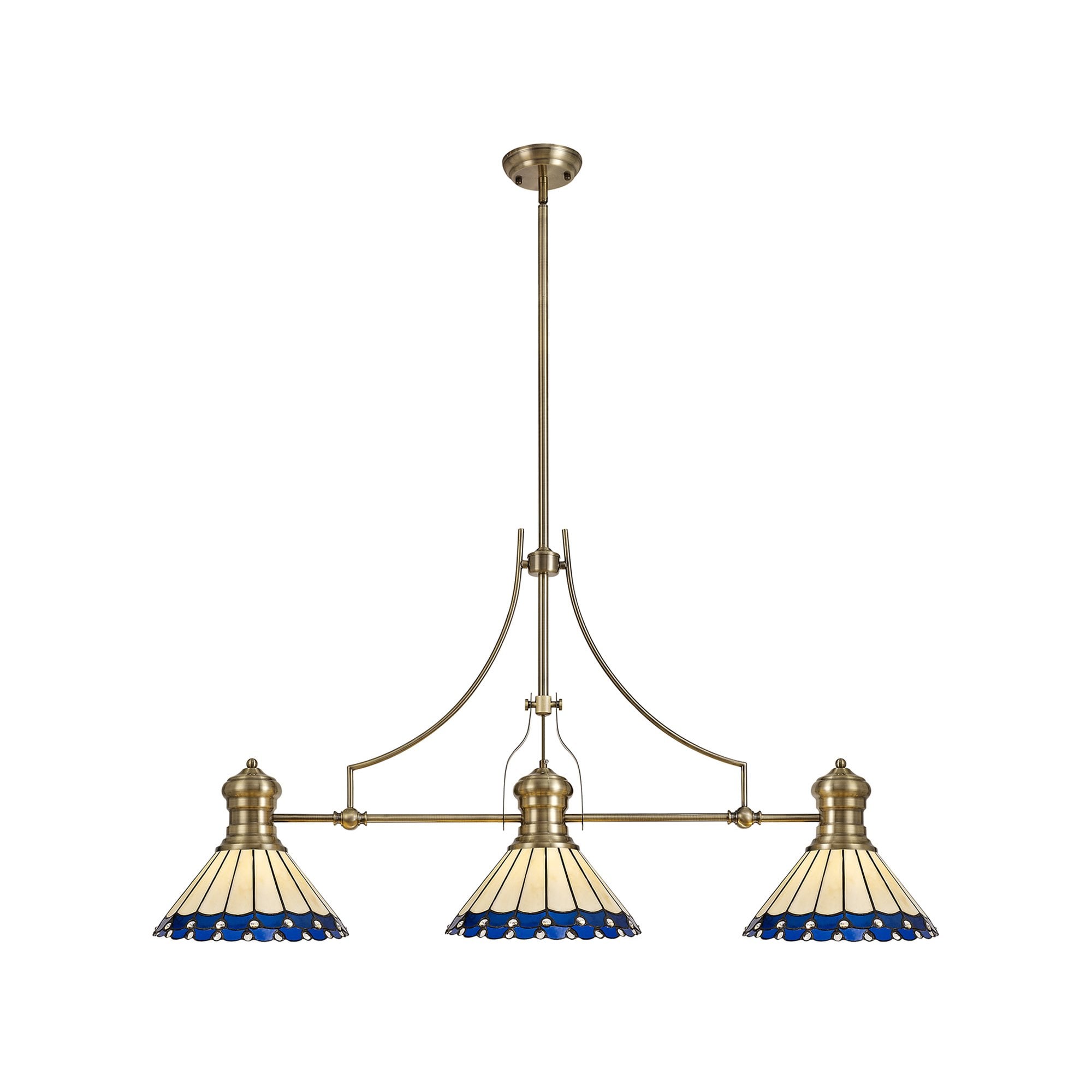 Fabula Amberley 3 Light Linear Pendant - 30cm Tiffany Shade - Antique Brass, Blue & Cream