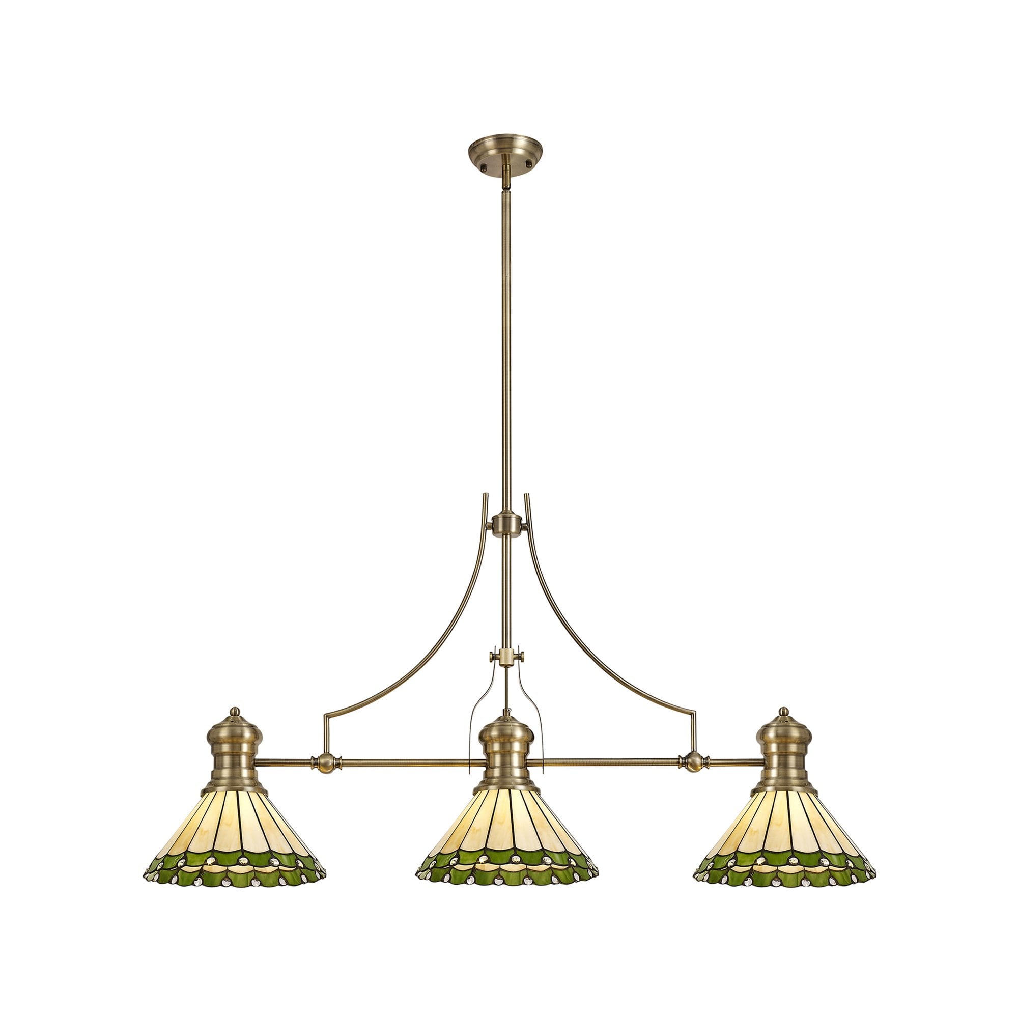 Fabula Amberley 3 Light Linear Pendant - 30cm Tiffany Shade - Antique Brass, Green & Cream