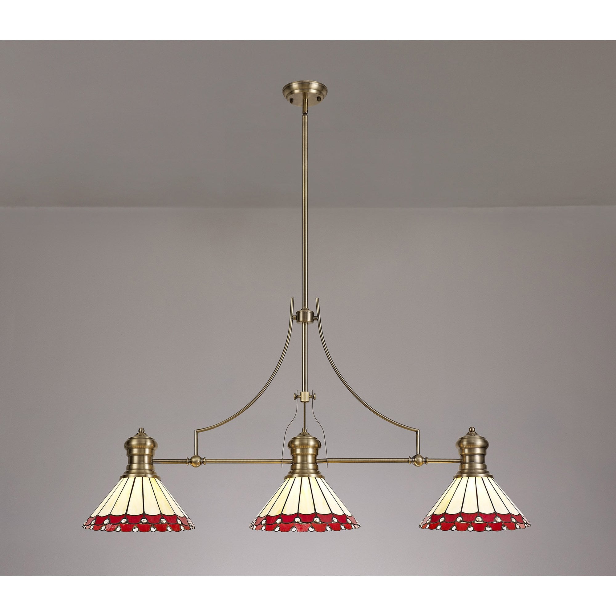 Fabula Amberley 3 Light Linear Pendant - 30cm Tiffany Shade - Antique Brass, Red & Cream
