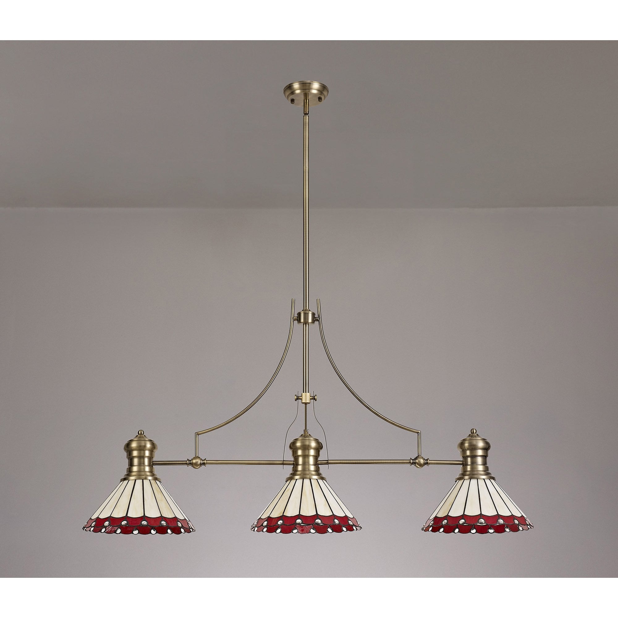 Fabula Amberley 3 Light Linear Pendant - 30cm Tiffany Shade - Antique Brass, Red & Cream