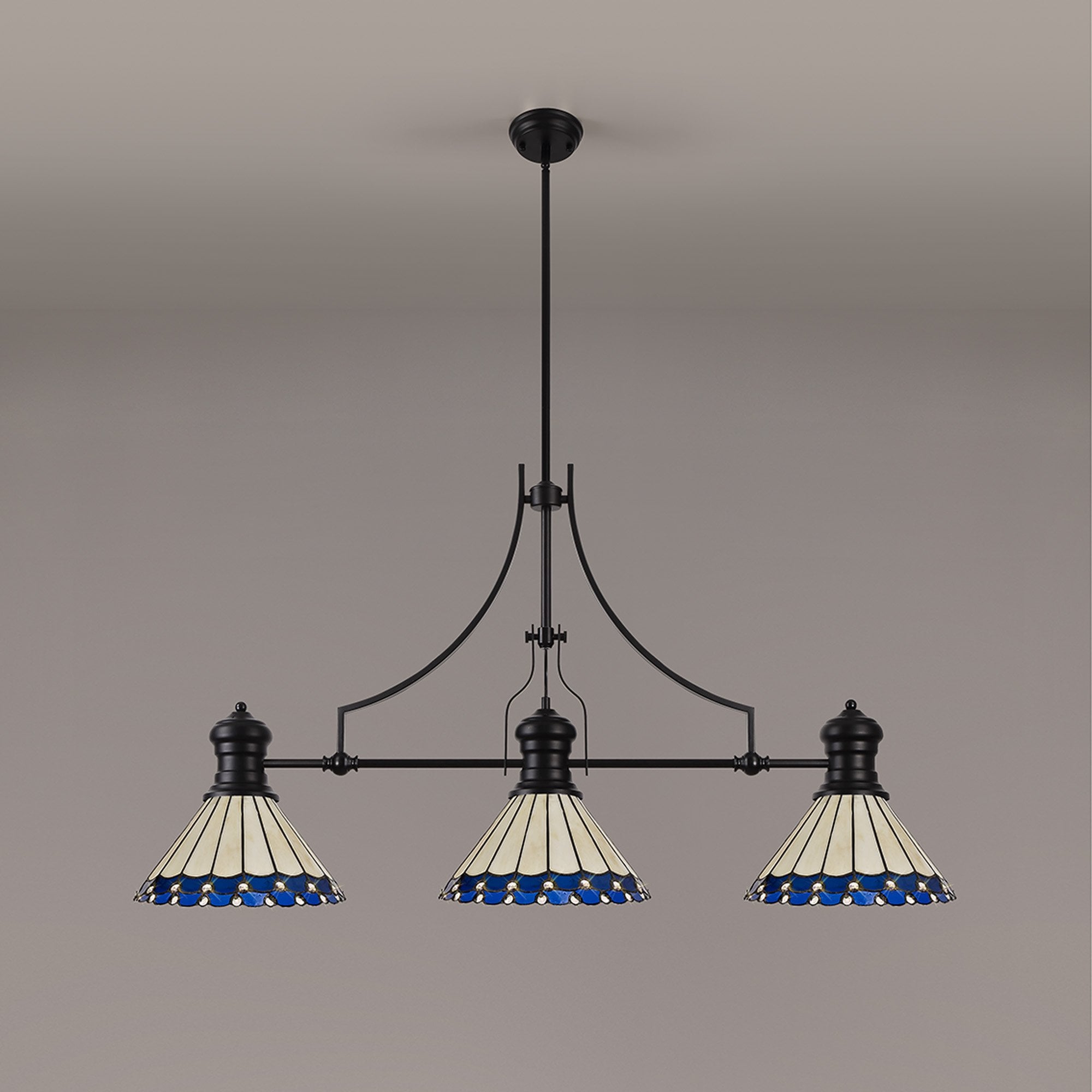 Fabula Amberley 3 Light Linear Pendant - 30cm Tiffany Shade - Matt Black, Blue & Cream