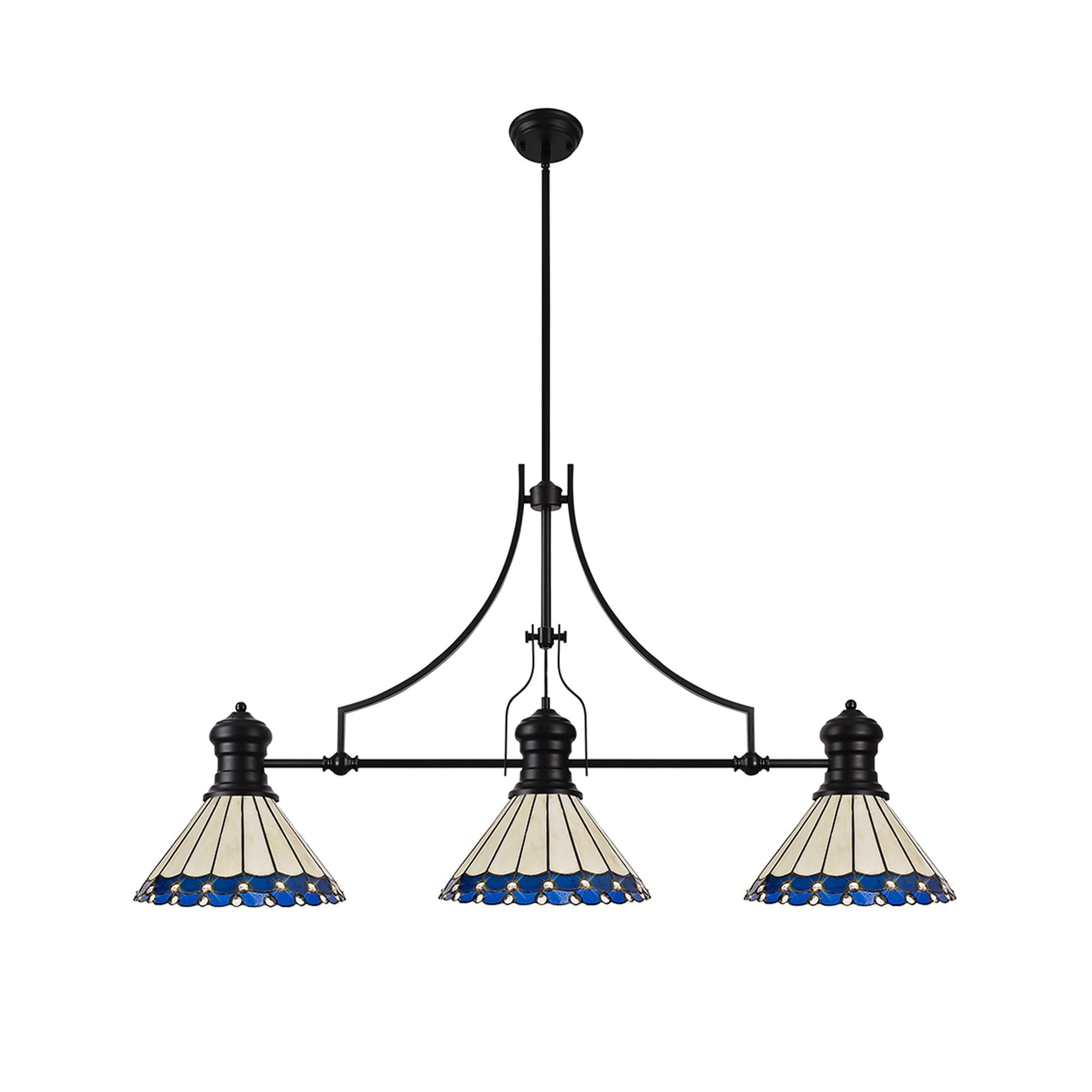 Fabula Amberley 3 Light Linear Pendant - 30cm Tiffany Shade - Matt Black, Blue & Cream