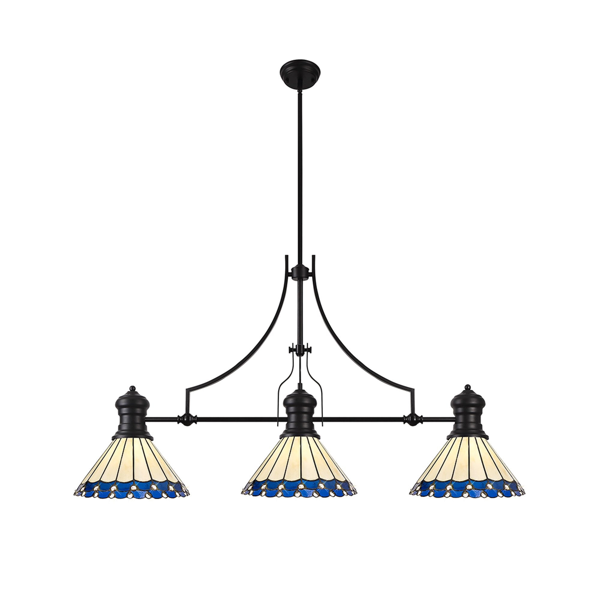 Fabula Amberley 3 Light Linear Pendant - 30cm Tiffany Shade - Matt Black, Blue & Cream