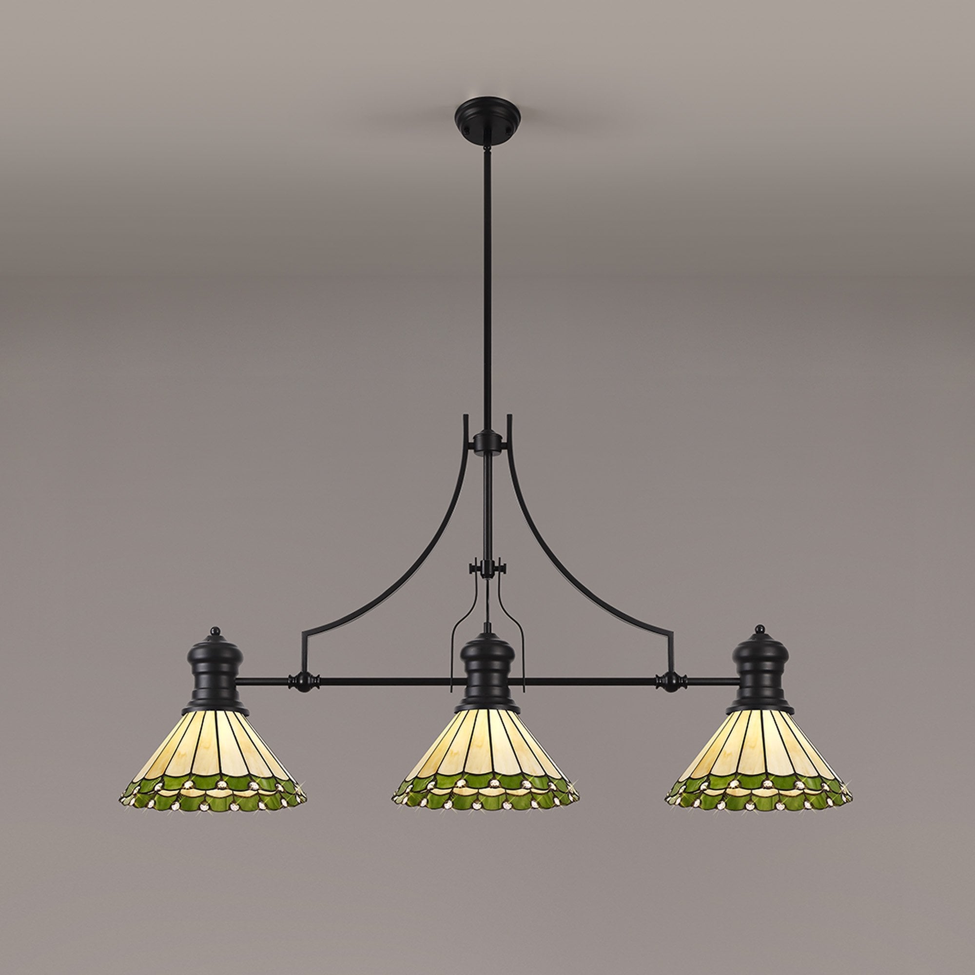 Fabula Amberley 3 Light Linear Pendant - 30cm Tiffany Shade - Matt Black, Green & Cream
