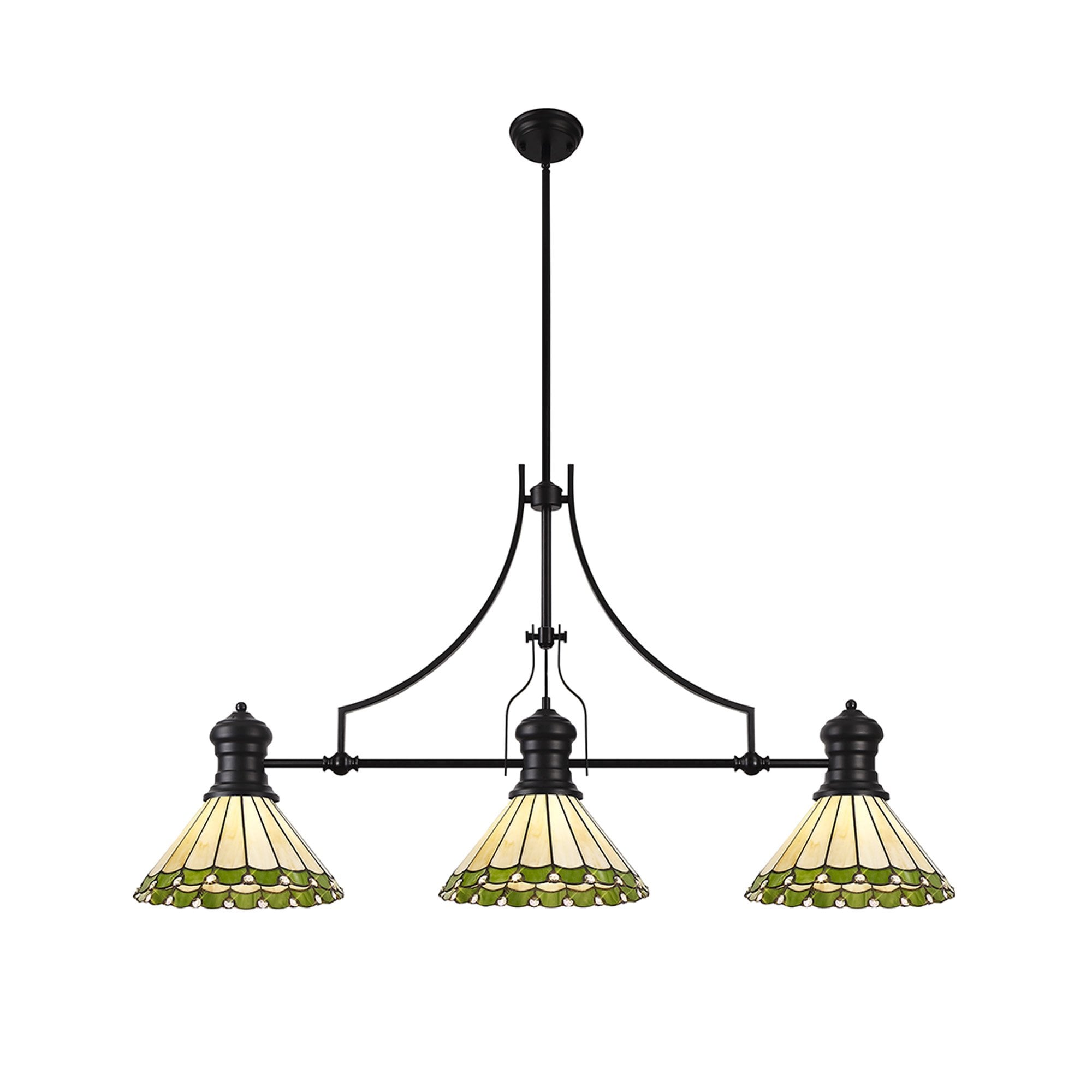 Fabula Amberley 3 Light Linear Pendant - 30cm Tiffany Shade - Matt Black, Green & Cream