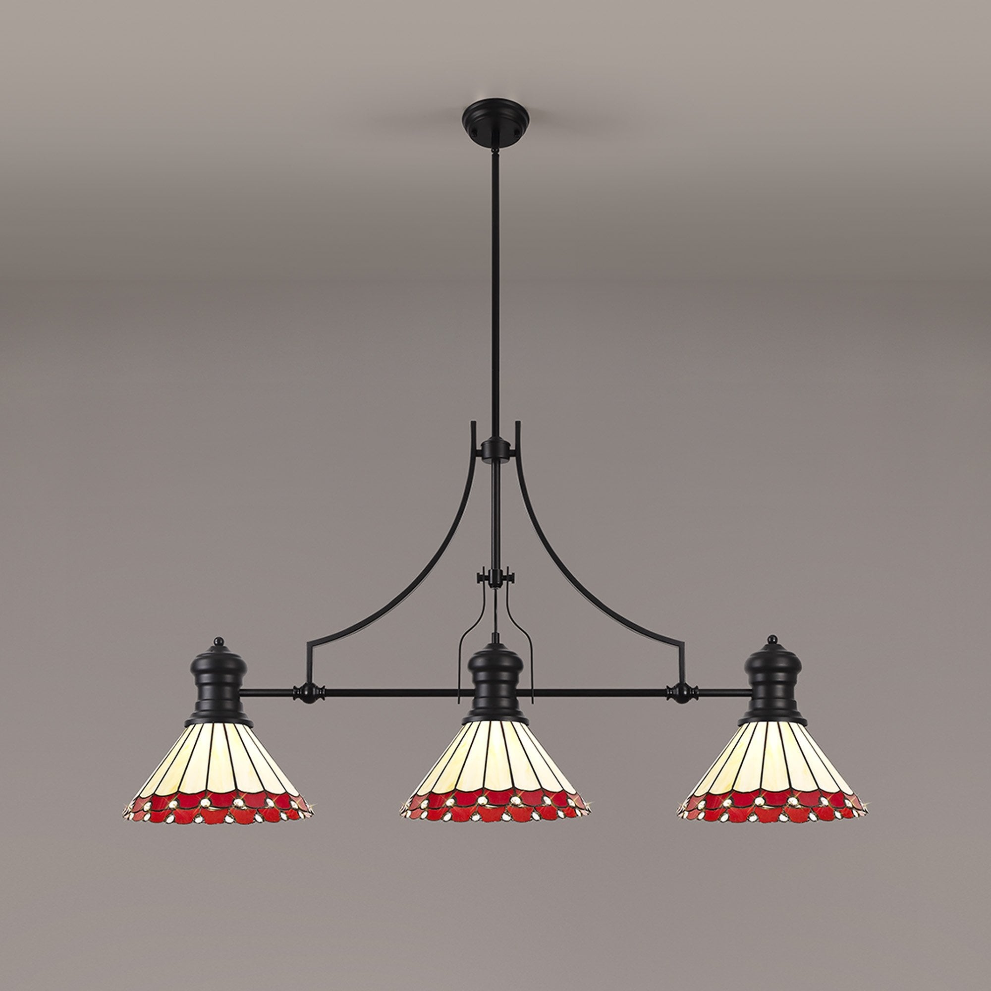 Fabula Amberley 3 Light Linear Pendant - 30cm Tiffany Shade - Matt Black, Red & Cream