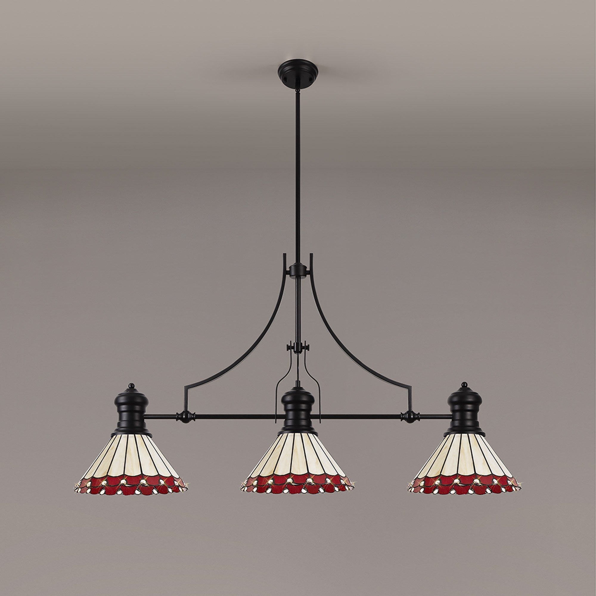 Fabula Amberley 3 Light Linear Pendant - 30cm Tiffany Shade - Matt Black, Red & Cream