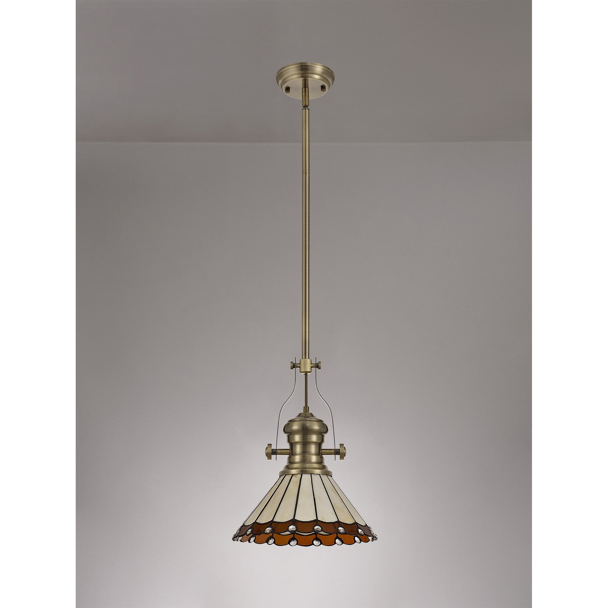 Fabula Amberley Single Pendant - 30cm Tiffany Shade - Antique Brass, Amber & Cream