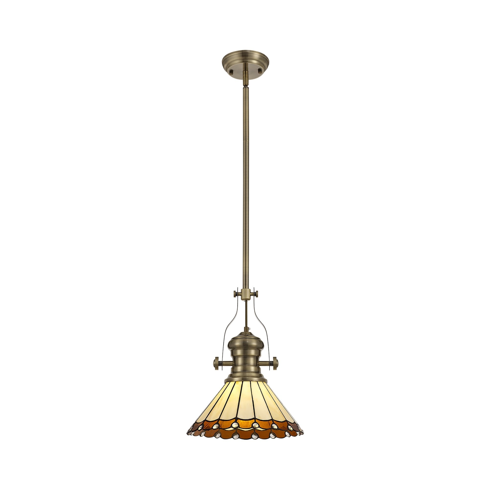 Fabula Amberley Single Pendant - 30cm Tiffany Shade - Antique Brass, Amber & Cream