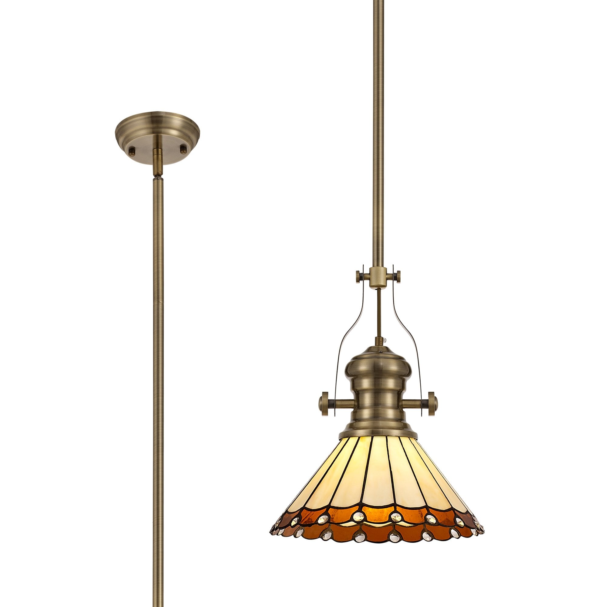 Fabula Amberley Single Pendant - 30cm Tiffany Shade - Antique Brass, Amber & Cream