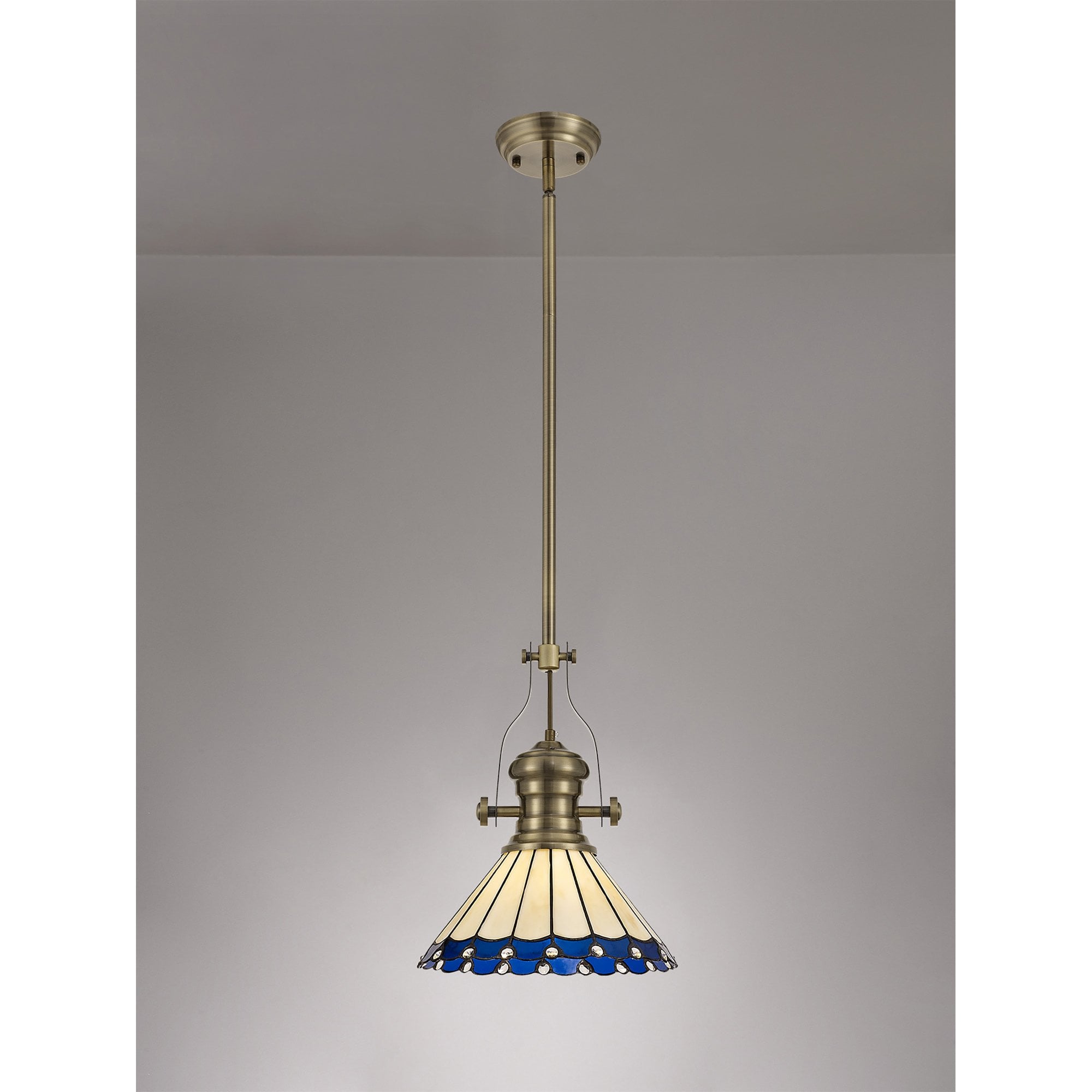 Fabula Amberley Single Pendant - 30cm Tiffany Shade - Antique Brass, Blue & Cream