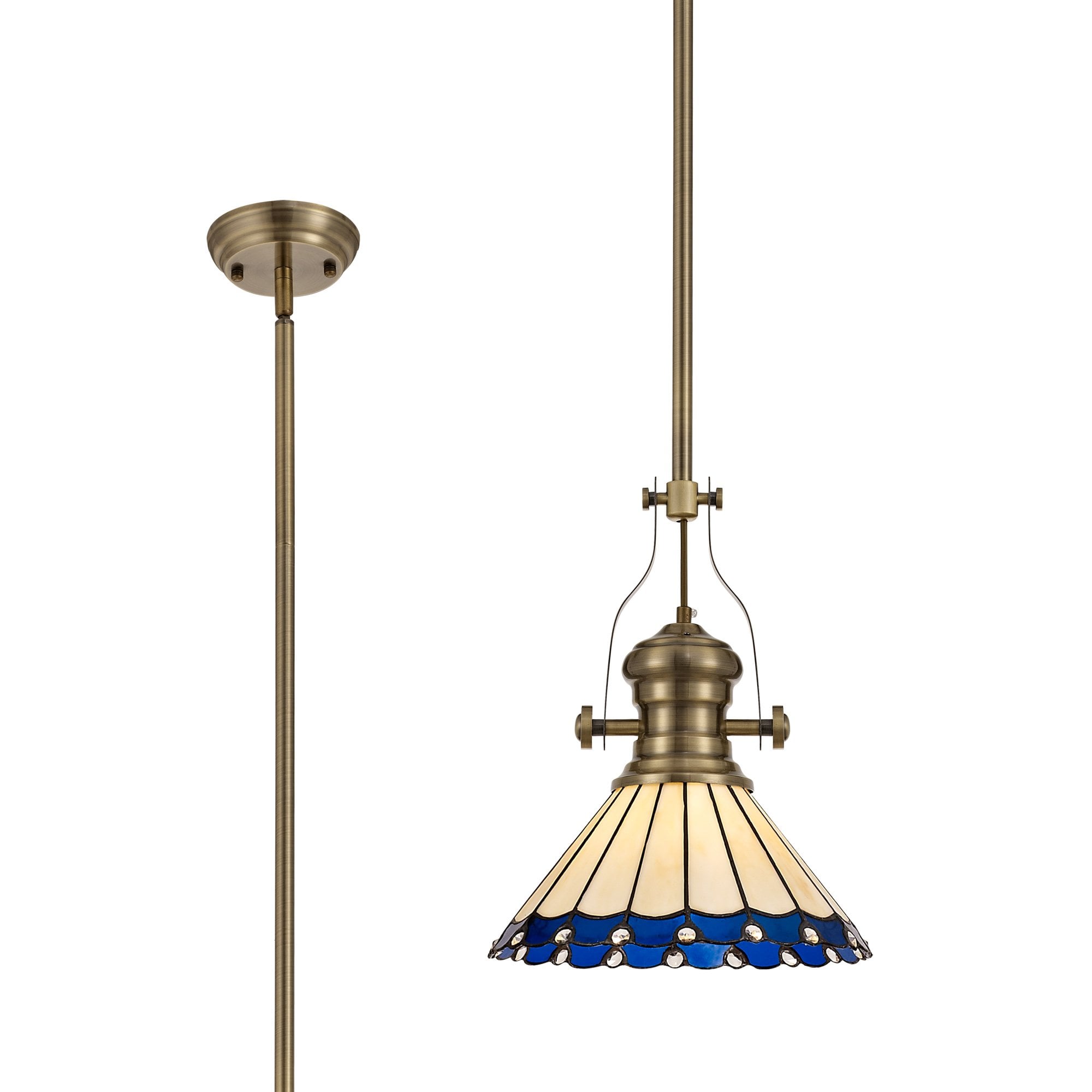 Fabula Amberley Single Pendant - 30cm Tiffany Shade - Antique Brass, Blue & Cream