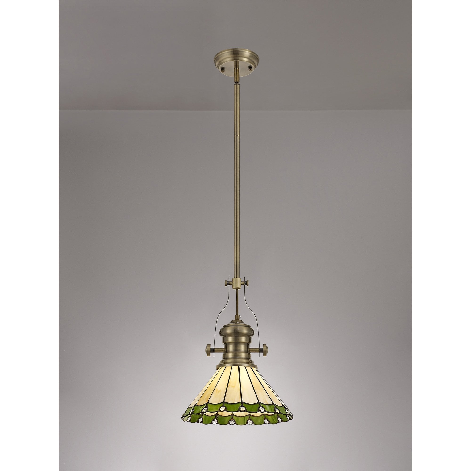 Fabula Amberley Single Pendant - 30cm Tiffany Shade - Antique Brass, Green & Cream