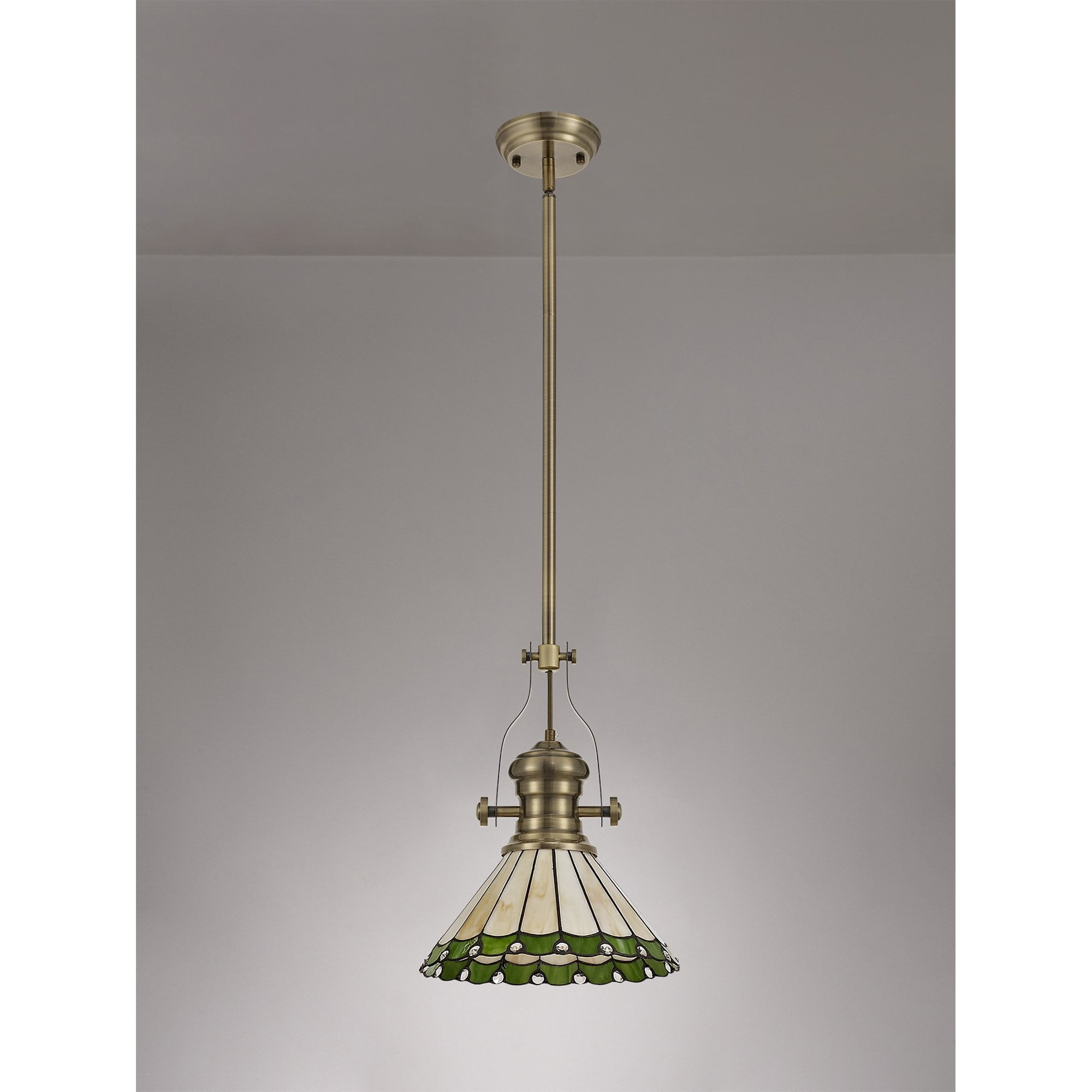 Fabula Amberley Single Pendant - 30cm Tiffany Shade - Antique Brass, Green & Cream