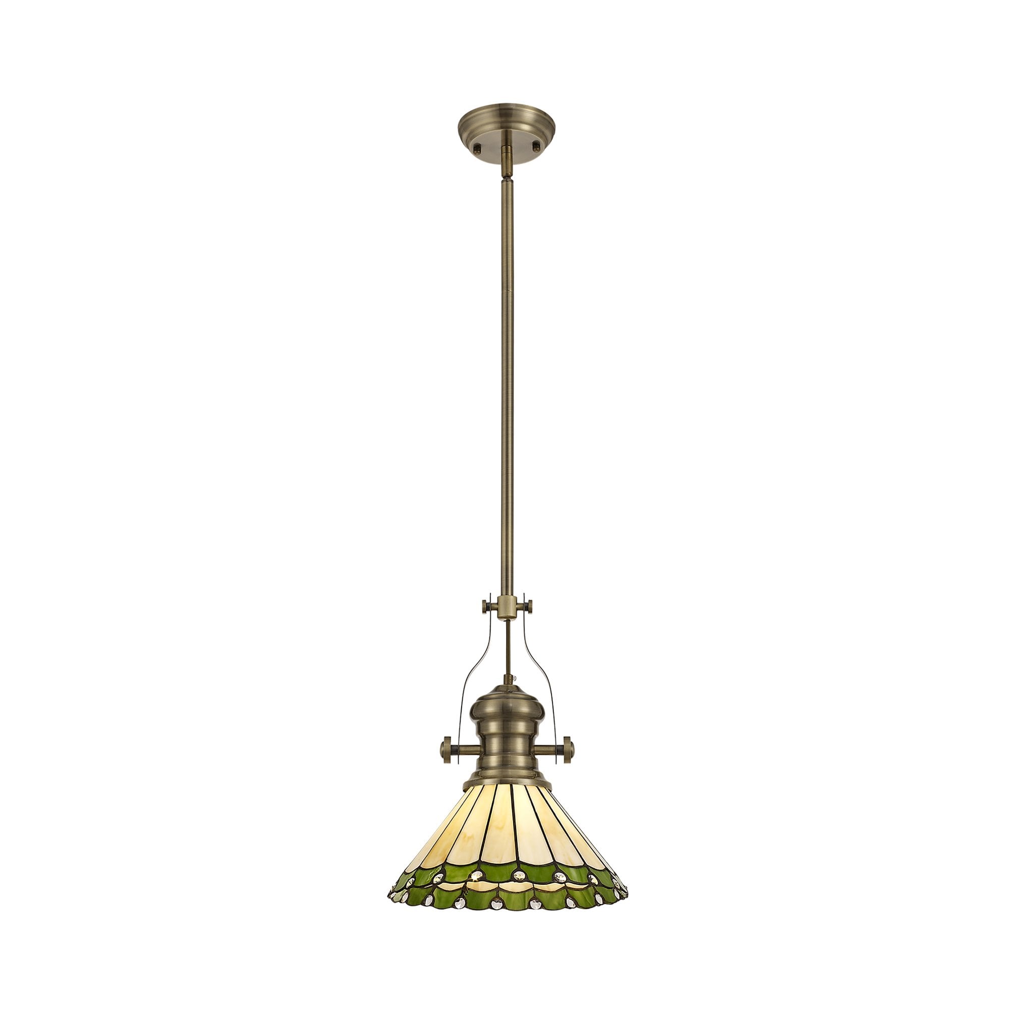 Fabula Amberley Single Pendant - 30cm Tiffany Shade - Antique Brass, Green & Cream