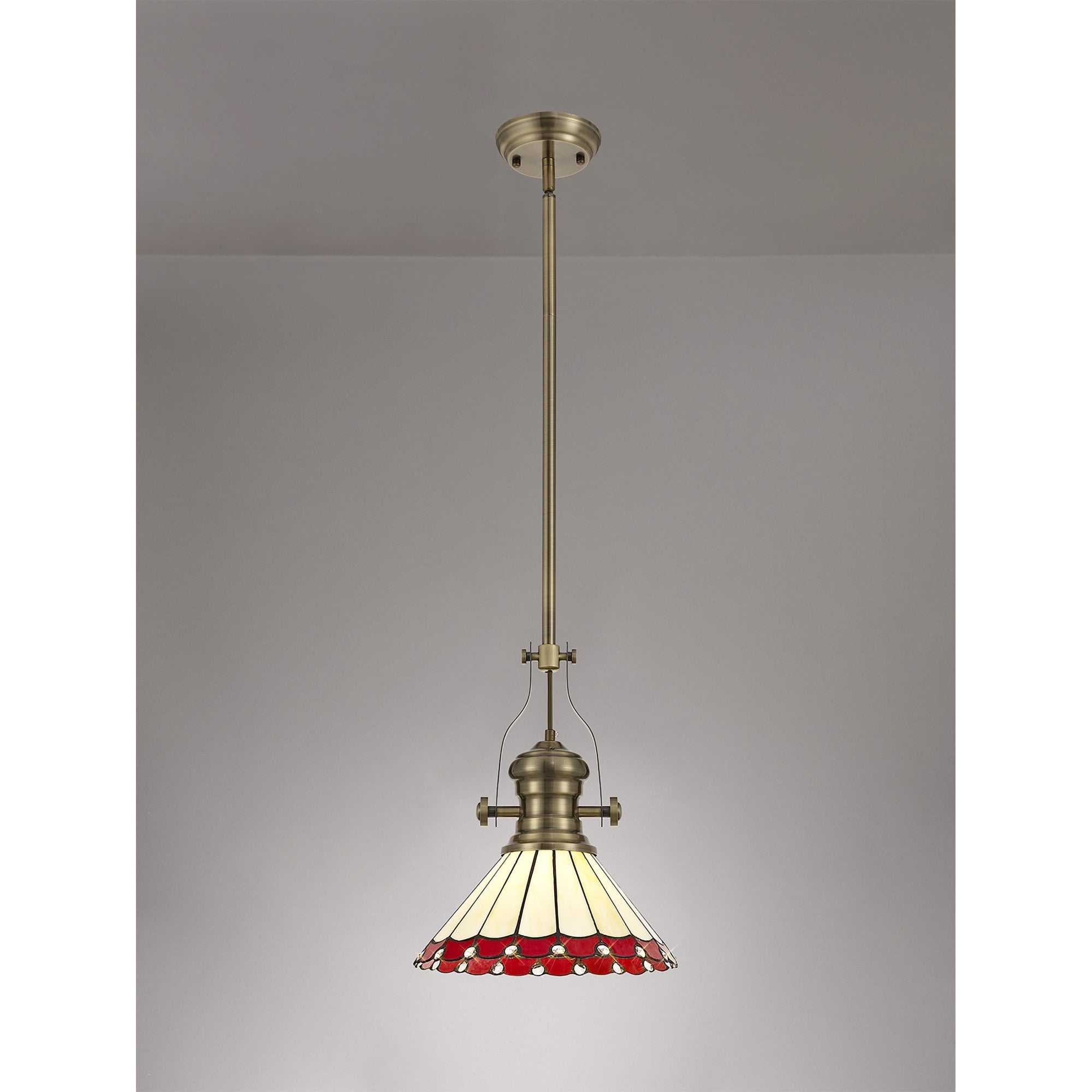 Fabula Amberley Single Pendant - 30cm Tiffany Shade - Antique Brass, Red & Cream