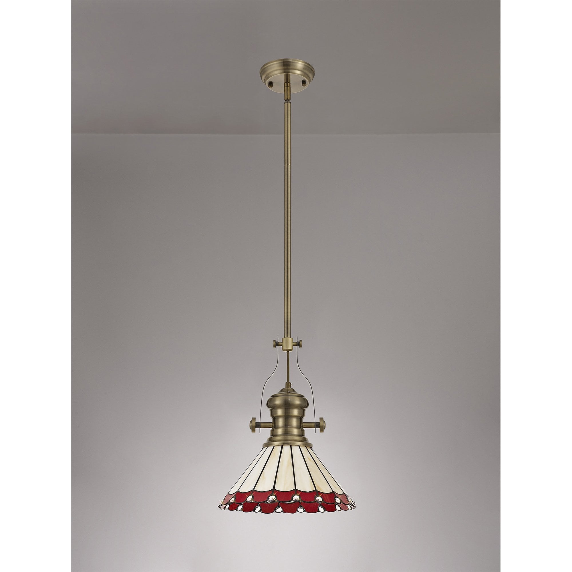 Fabula Amberley Single Pendant - 30cm Tiffany Shade - Antique Brass, Red & Cream