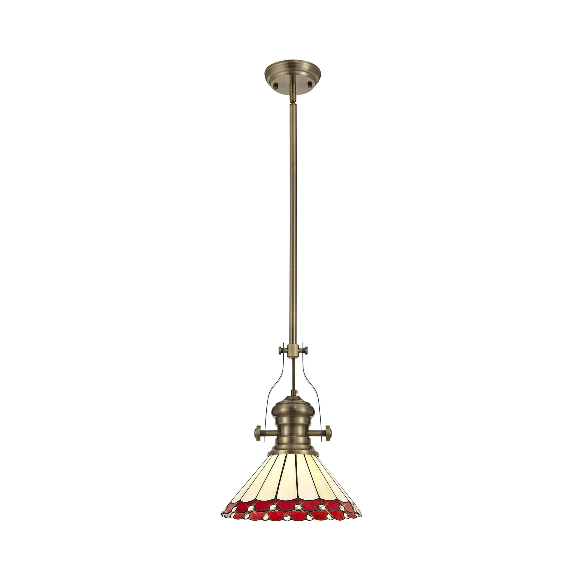 Fabula Amberley Single Pendant - 30cm Tiffany Shade - Antique Brass, Red & Cream